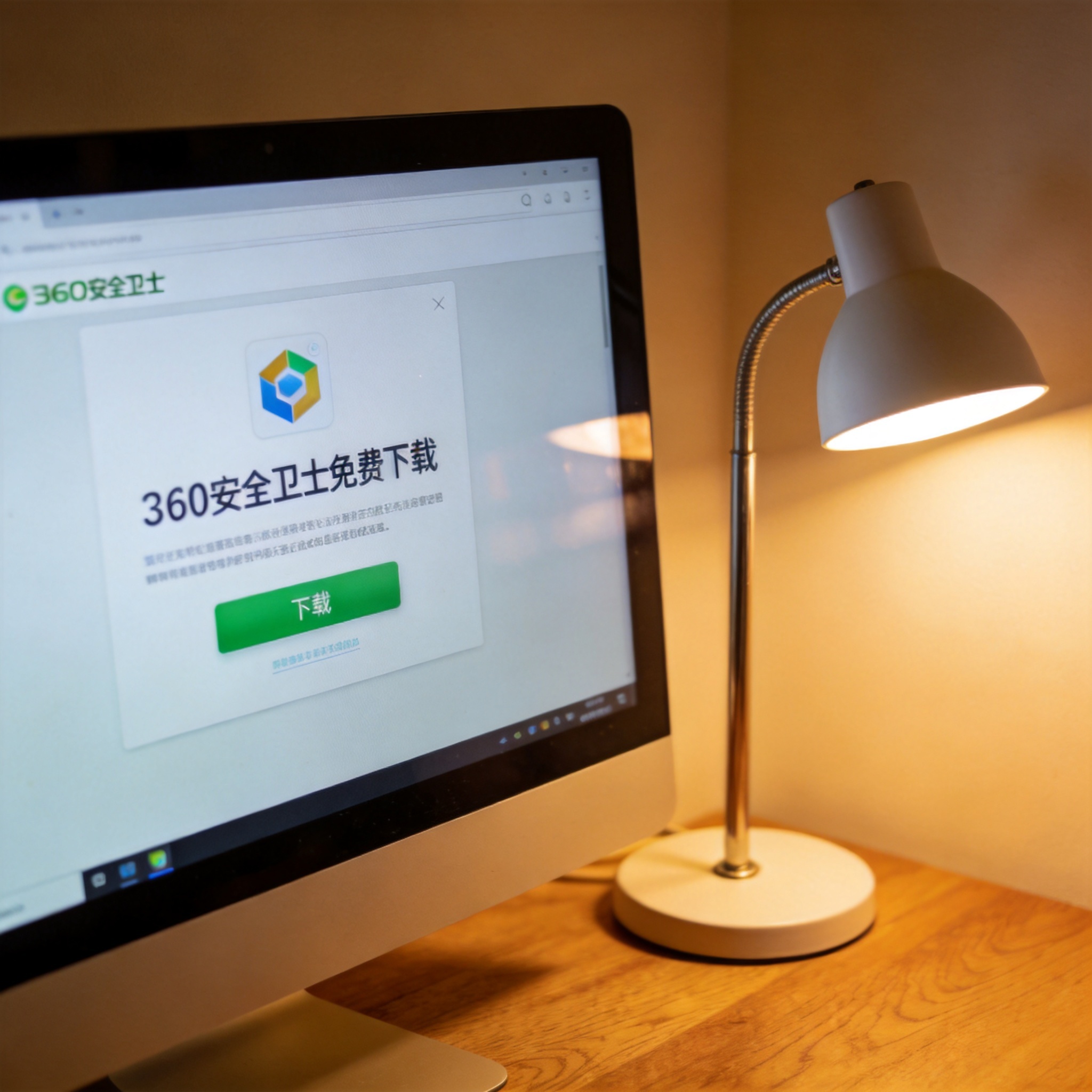 电脑桌上的电脑，屏幕显示360 安全卫士免费下载界面，旁边放着台灯