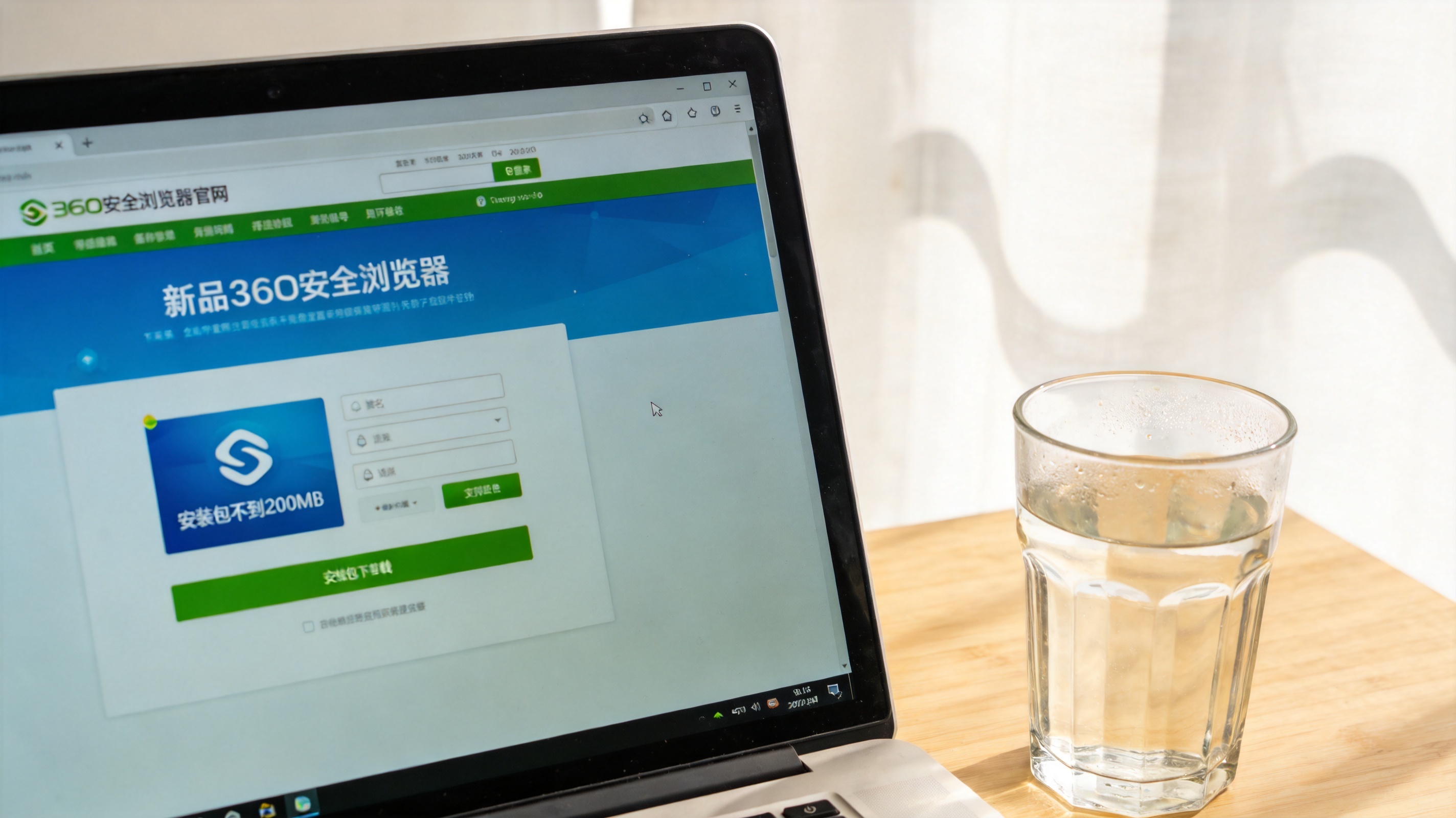 电脑桌面，屏幕显示新版360安全浏览器官网下载页面，页面标注安装包不到200MB，旁边放着半杯温水，室内自然光