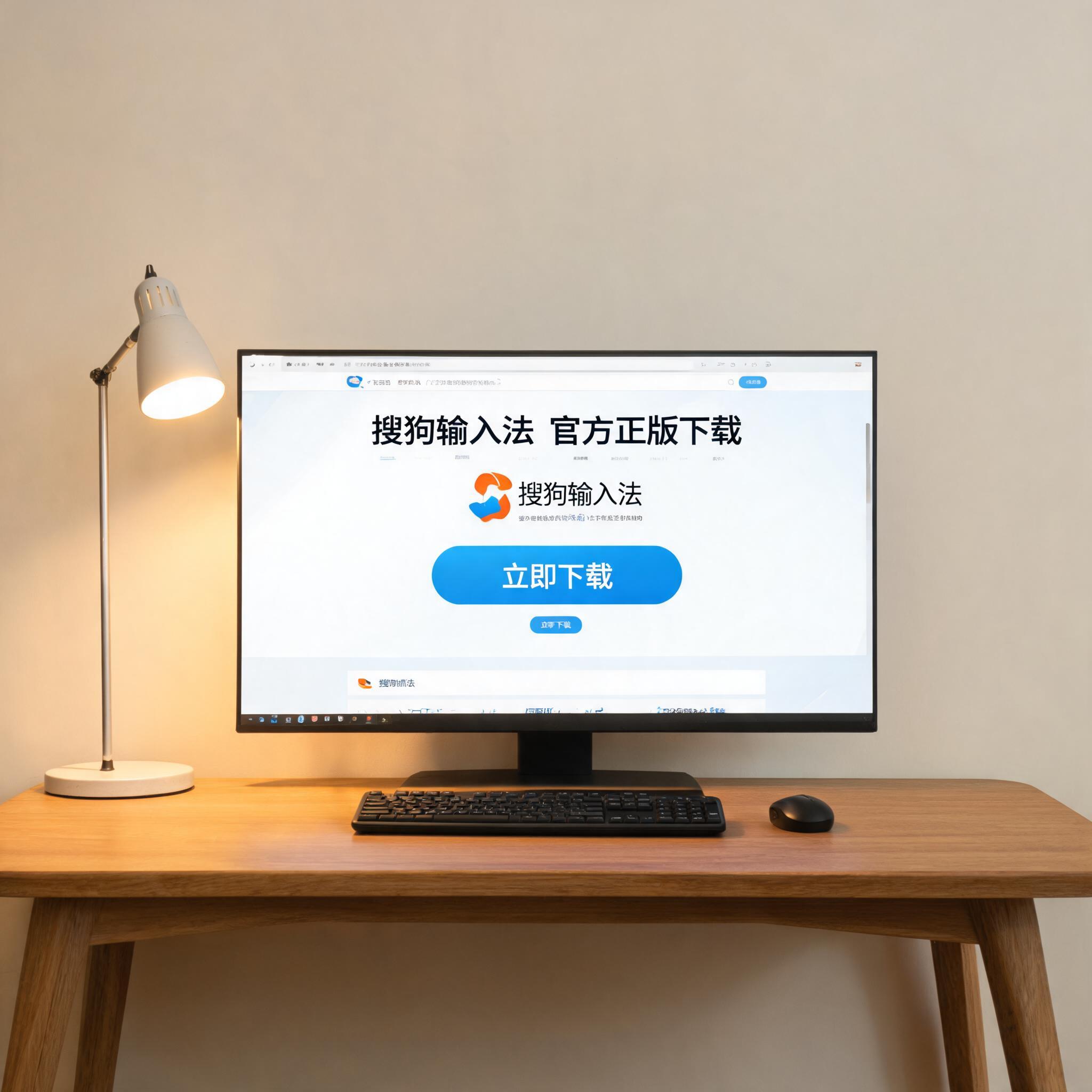 电脑桌上的电脑，屏幕显示搜狗输入法官方正版下载界面，旁边放着台灯