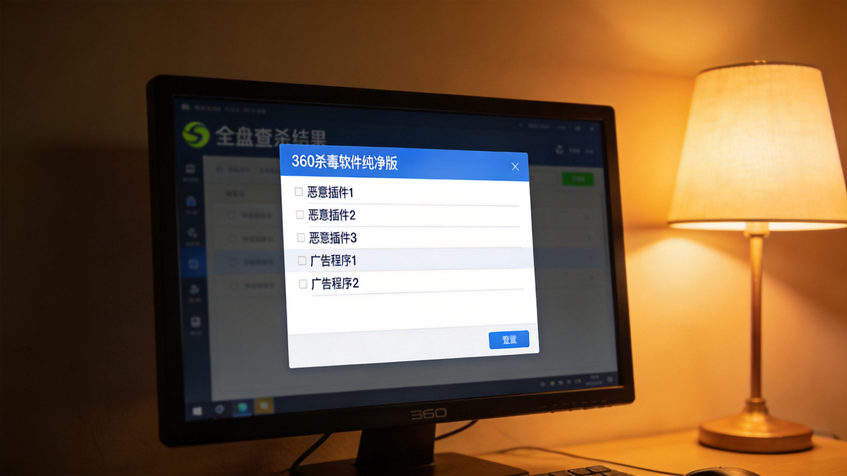 电脑桌面，屏幕显示360杀毒软件纯净版的全盘查杀结果界面，列出3个恶意插件和2个广告程序，台灯暖光