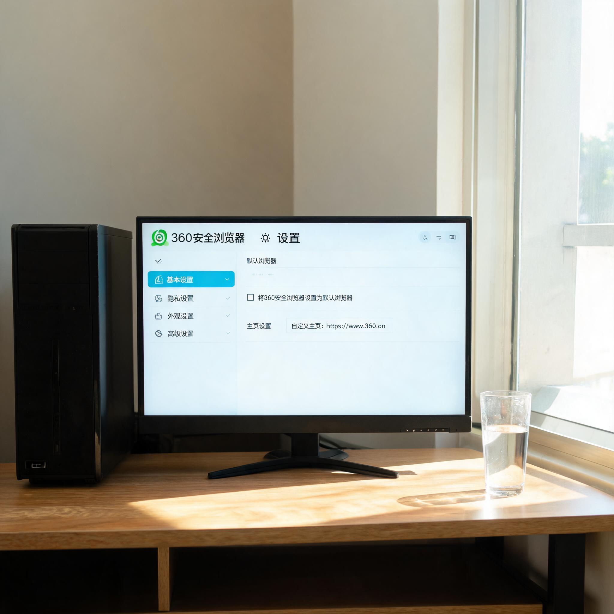 书桌上的主机，屏幕显示360浏览器设置界面，桌角放着水杯，自然光