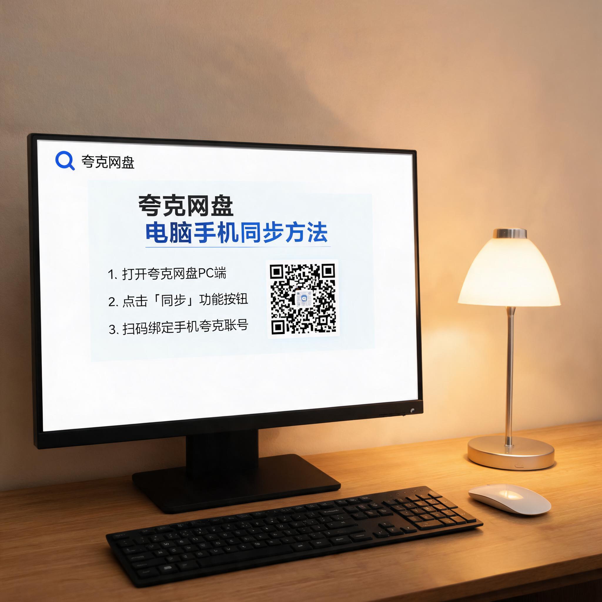 电脑桌上的电脑，屏幕显示夸克网盘电脑手机同步方法界面，旁边放着台灯