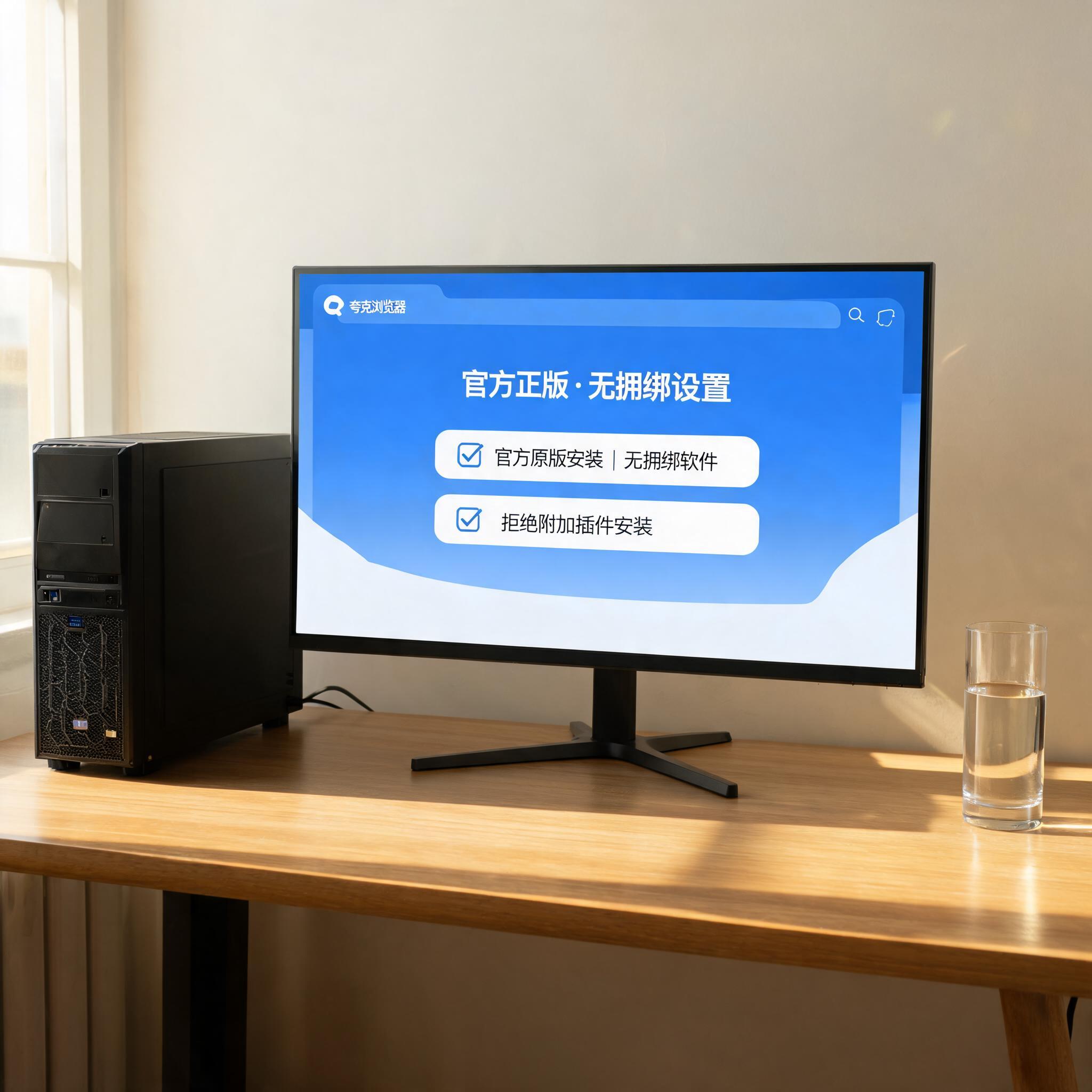 书桌上的主机，屏幕显示夸克浏览器官方正版无捆绑设置界面，桌角放着水杯，自然光