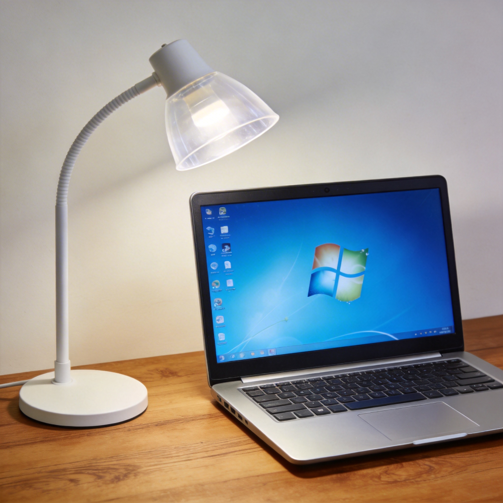 电脑桌上的电脑，屏幕显示Windows桌面，旁边放着台灯