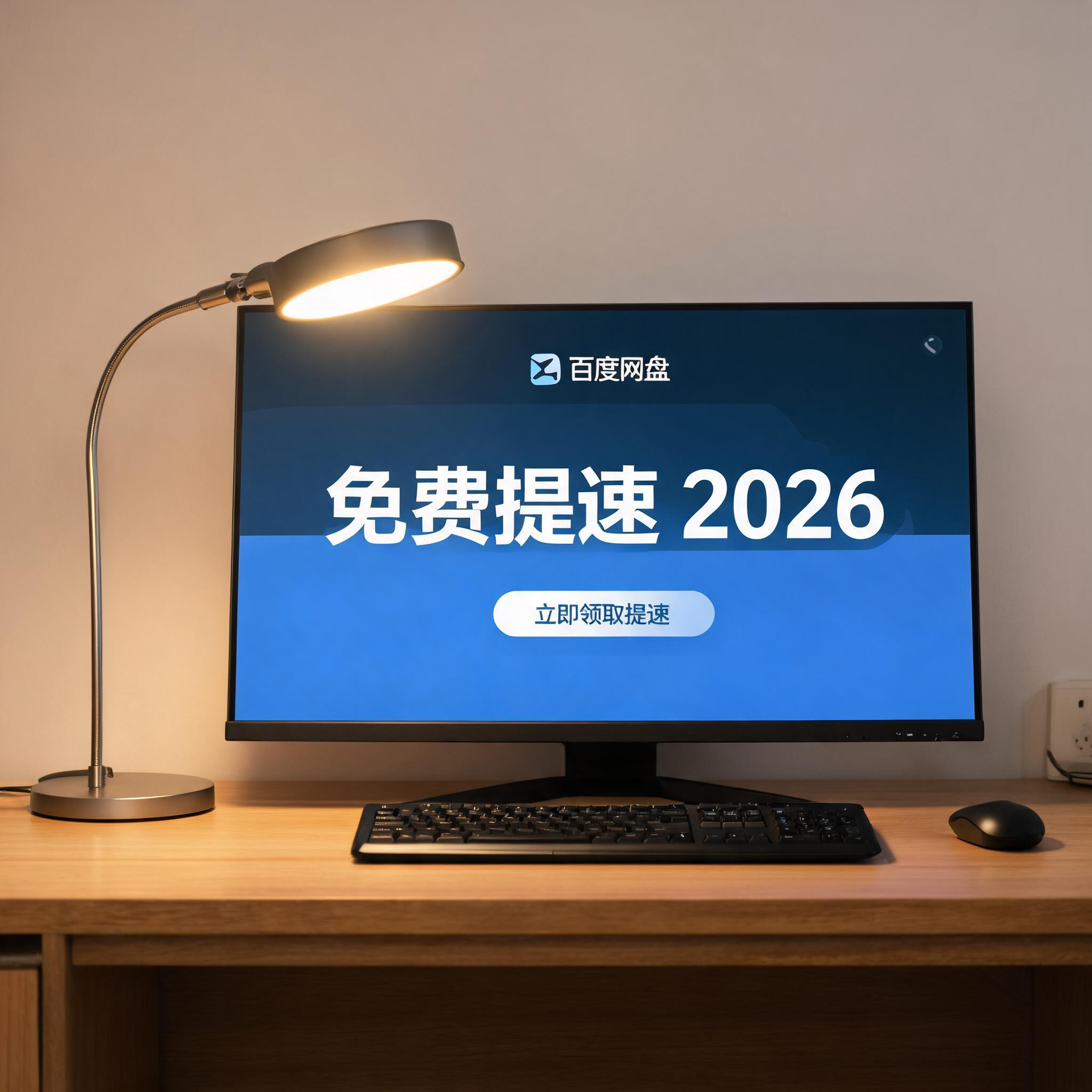 电脑桌上的电脑，屏幕显示百度网盘免费提速 2026界面，旁边放着台灯