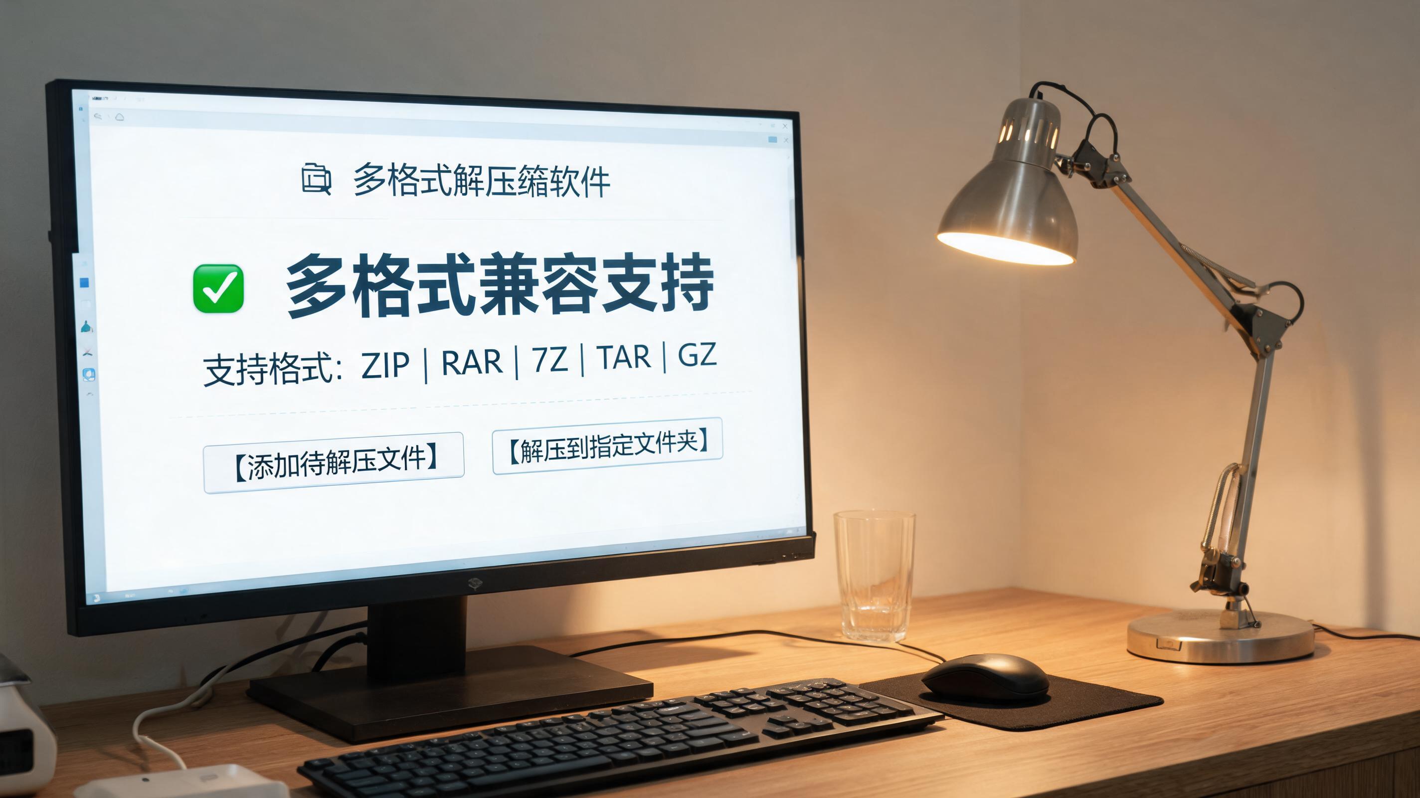 电脑桌上的电脑，屏幕显示多格式兼容解压缩软件界面，旁边放着台灯