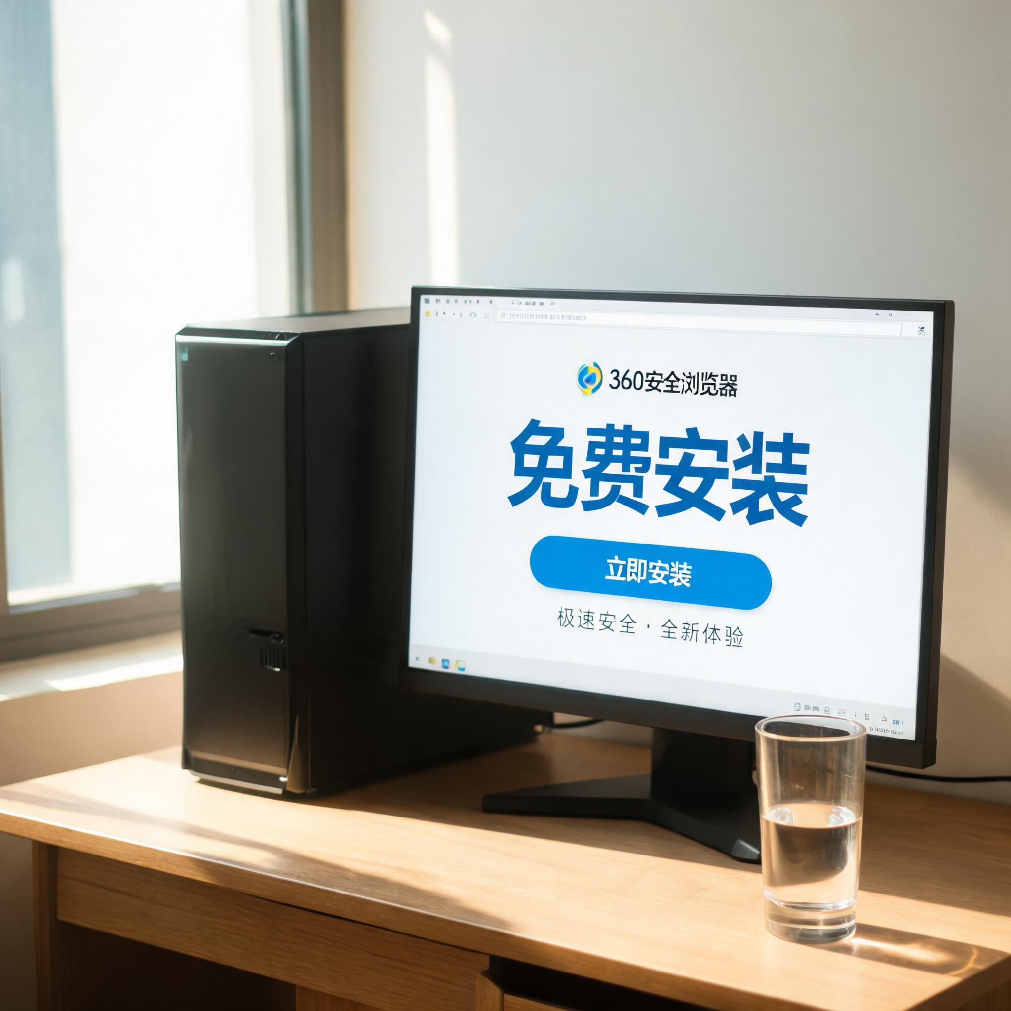 书桌上的主机，屏幕显示360 浏览器免费安装设置界面，桌角放着水杯，自然光