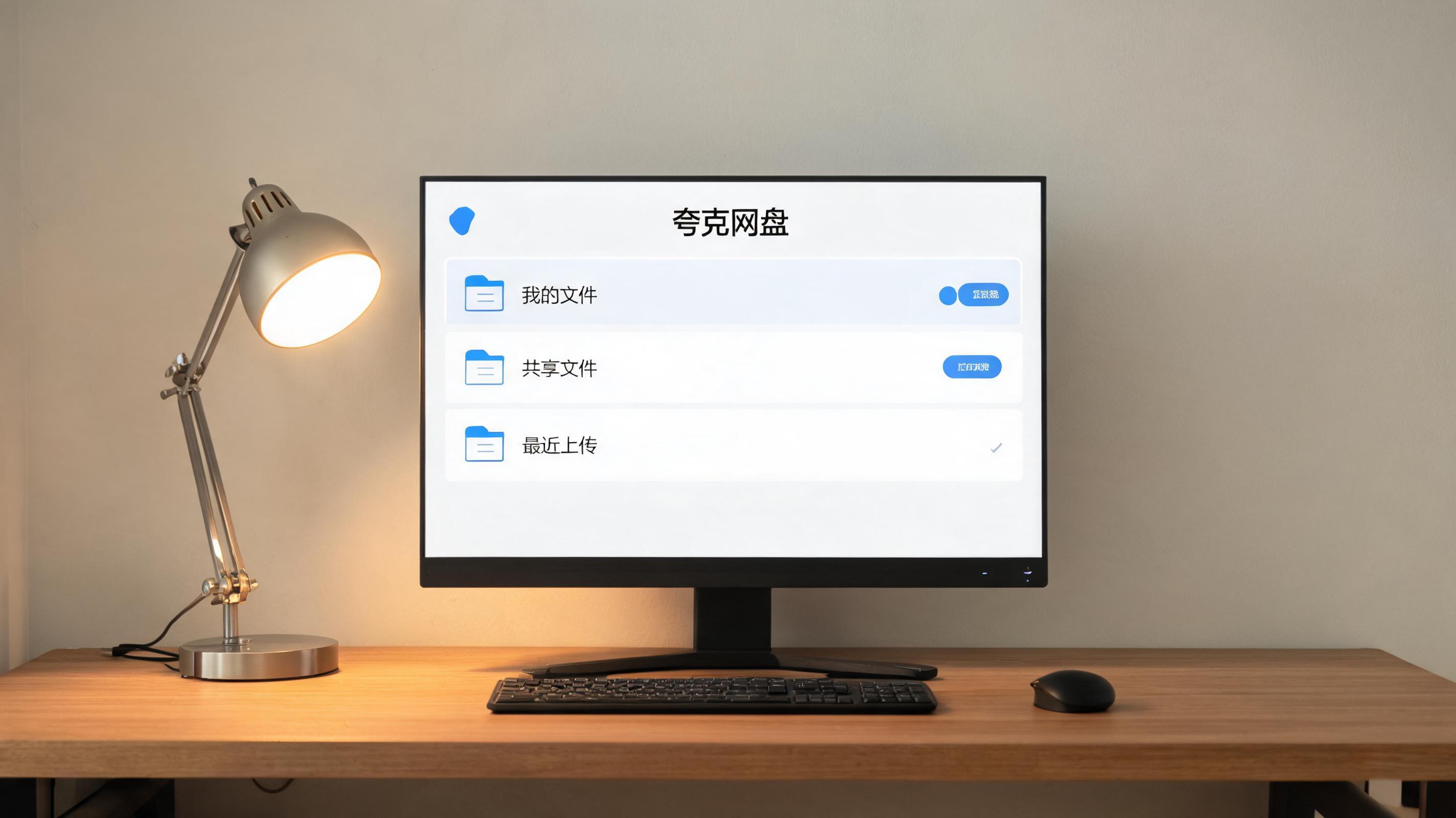电脑桌上的电脑，屏幕显示夸克网盘界面，旁边放着台灯