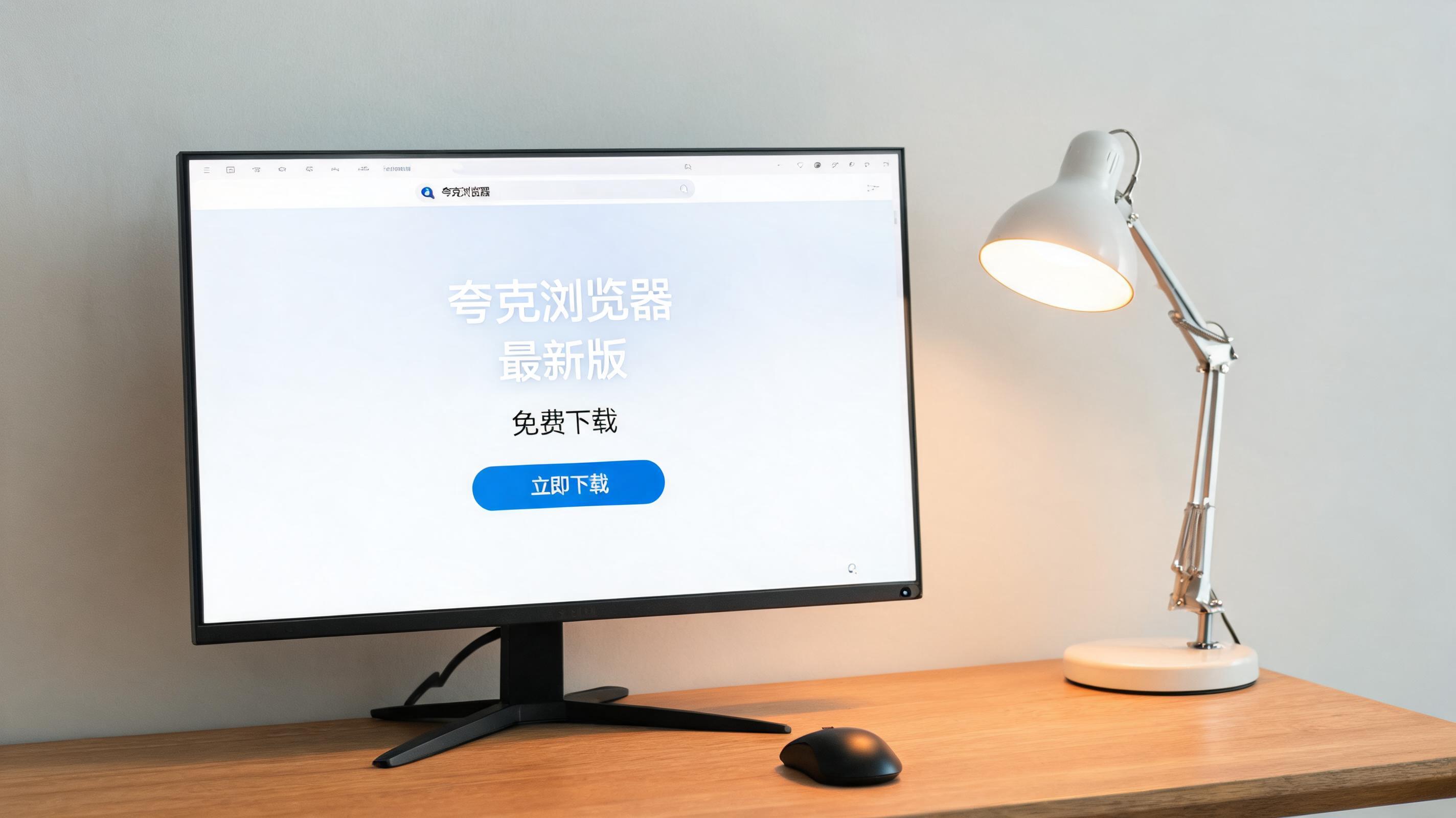 电脑桌上的电脑，屏幕显示夸克浏览器最新版免费下载界面，旁边放着台灯