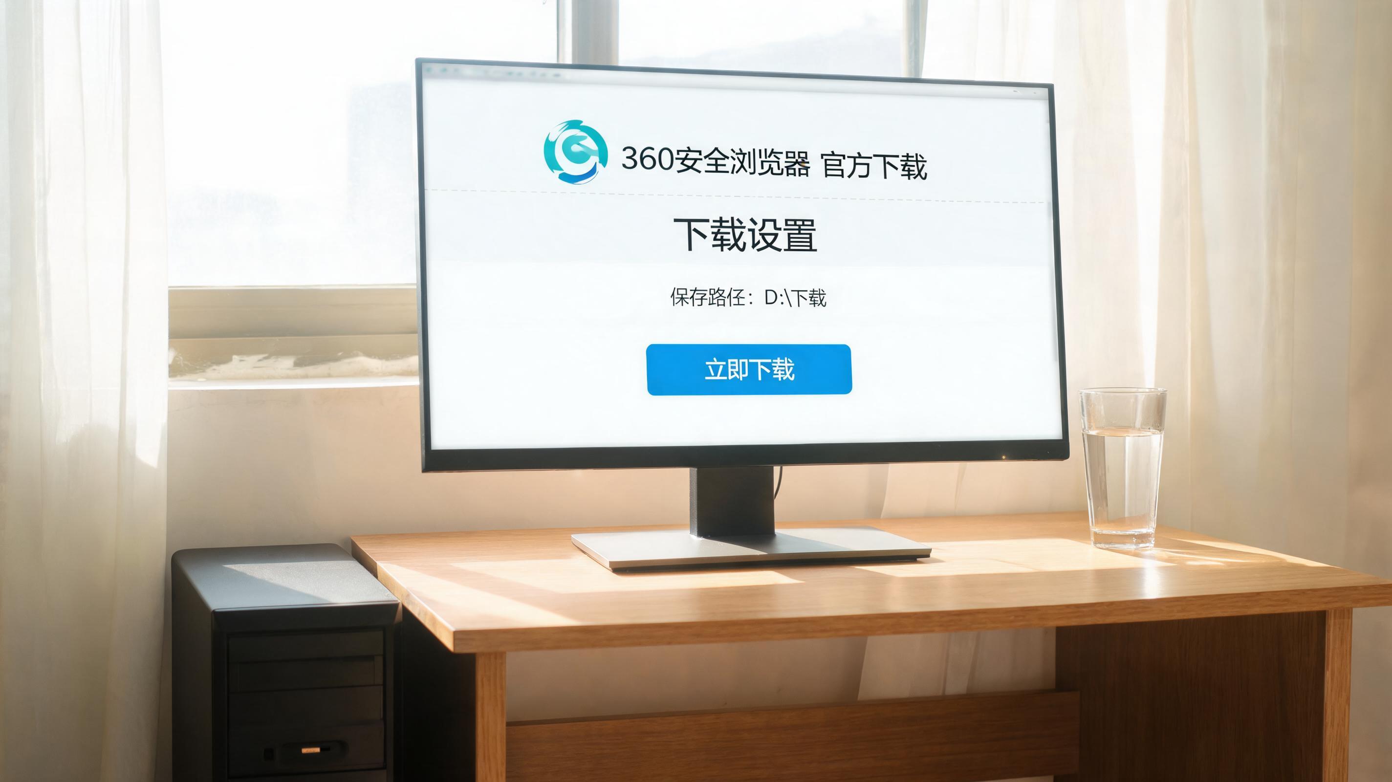 书桌上的主机，屏幕显示360 安全浏览器官方下载设置界面，桌角放着水杯，自然光