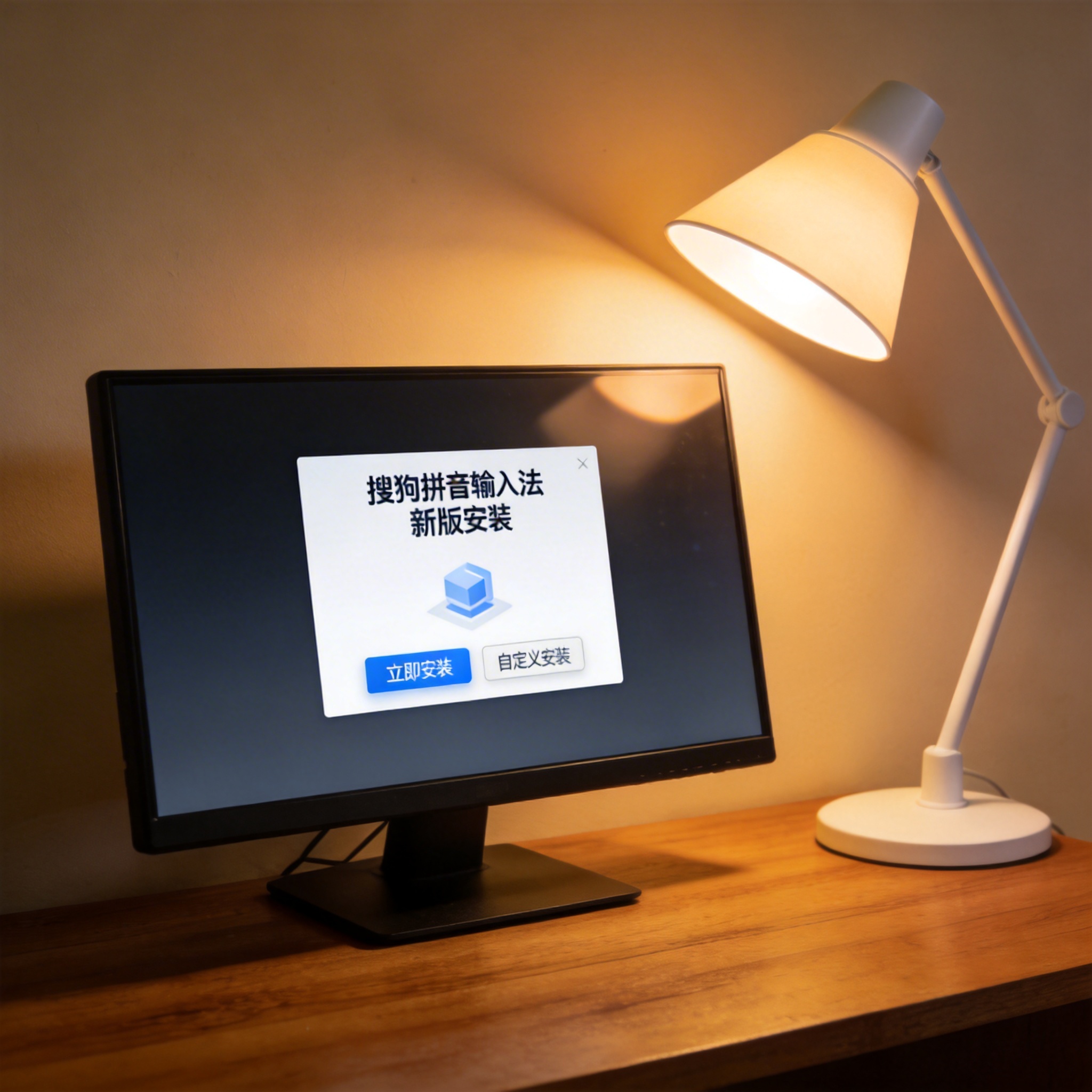 电脑桌上的电脑，屏幕显示搜狗拼音输入法新版安装界面，旁边放着台灯