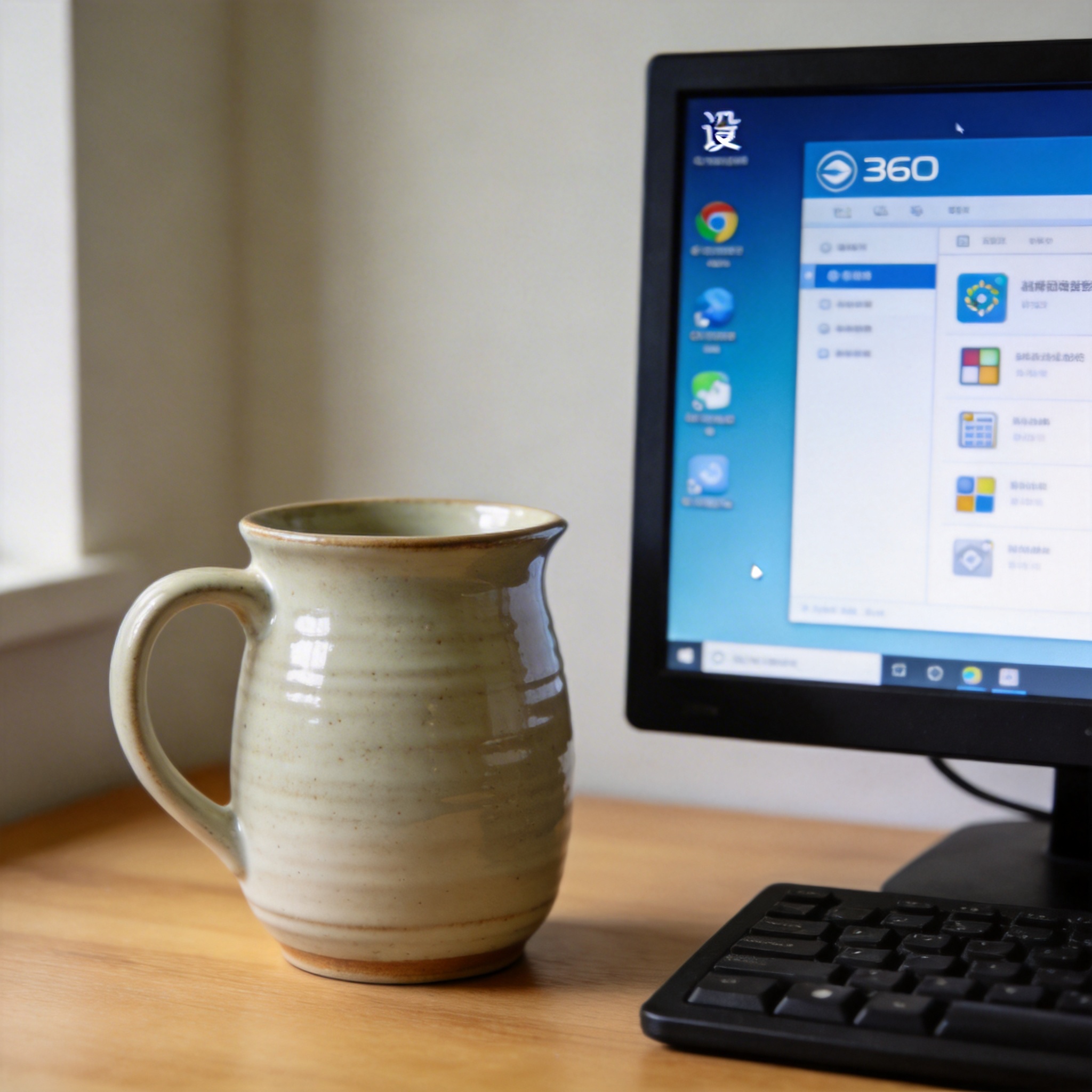 电脑桌的电脑屏幕显示360杀毒软件主界面，右上角有设置图标，旁边放着陶瓷水杯，室内自然光