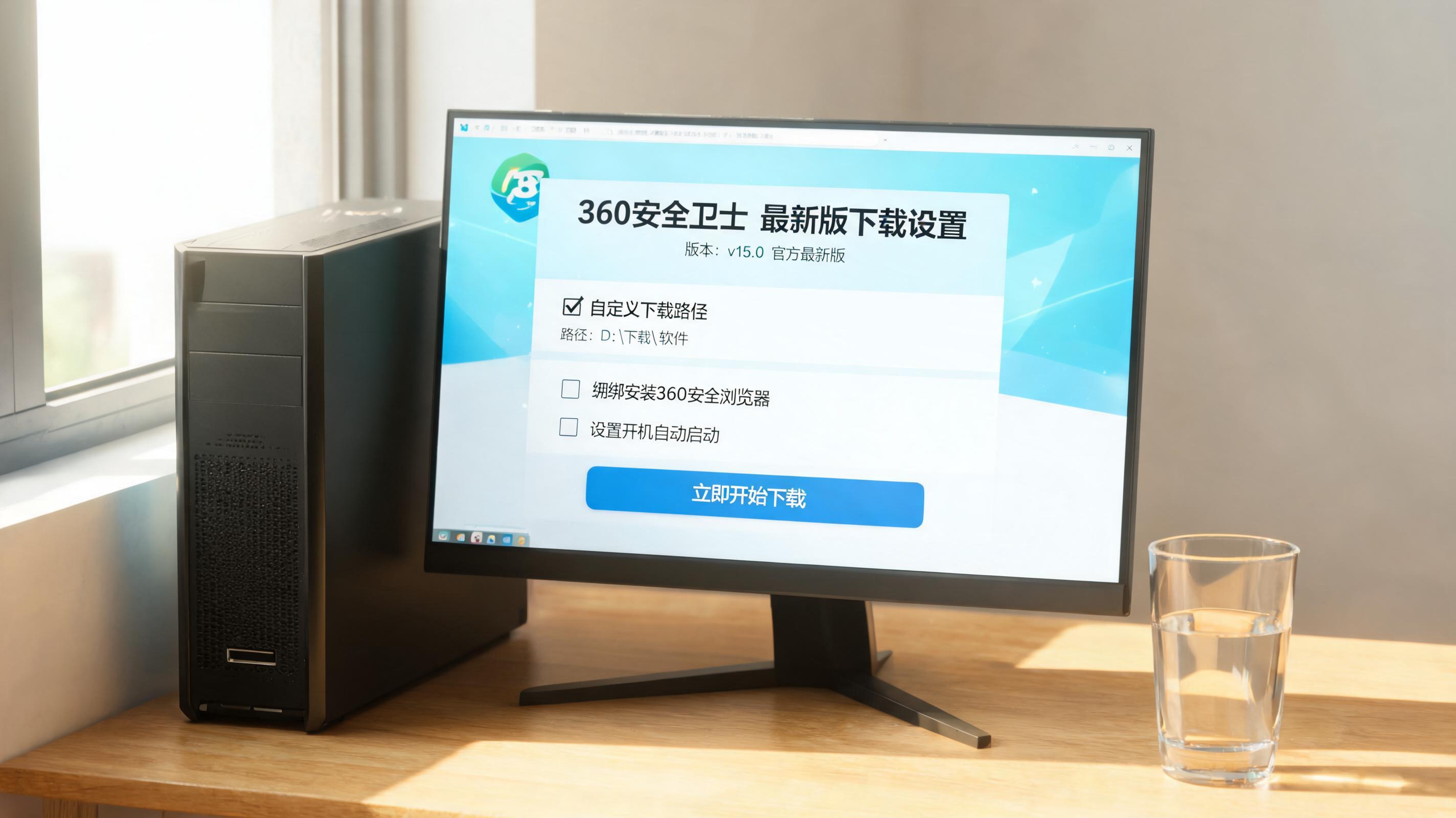 书桌上的主机，屏幕显示360 卫士最新版下载设置界面，桌角放着水杯，自然光