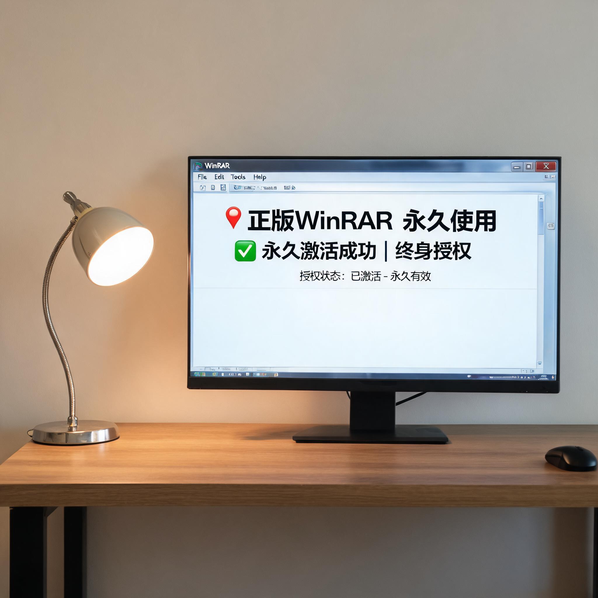 电脑桌上的电脑，屏幕显示正版 winrar 解压缩永久使用界面，旁边放着台灯