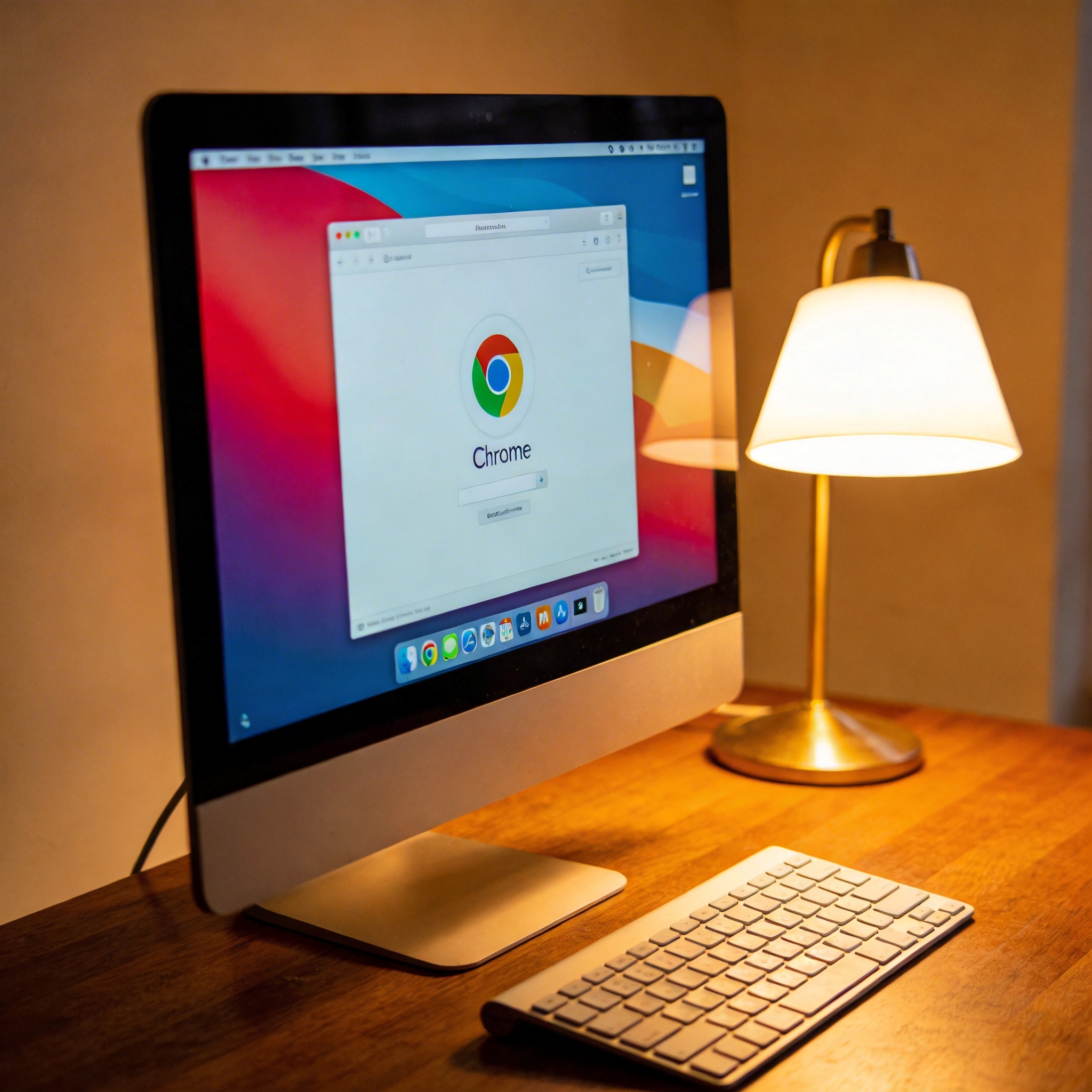 电脑桌上的电脑，屏幕显示Chrome界面，旁边放着台灯