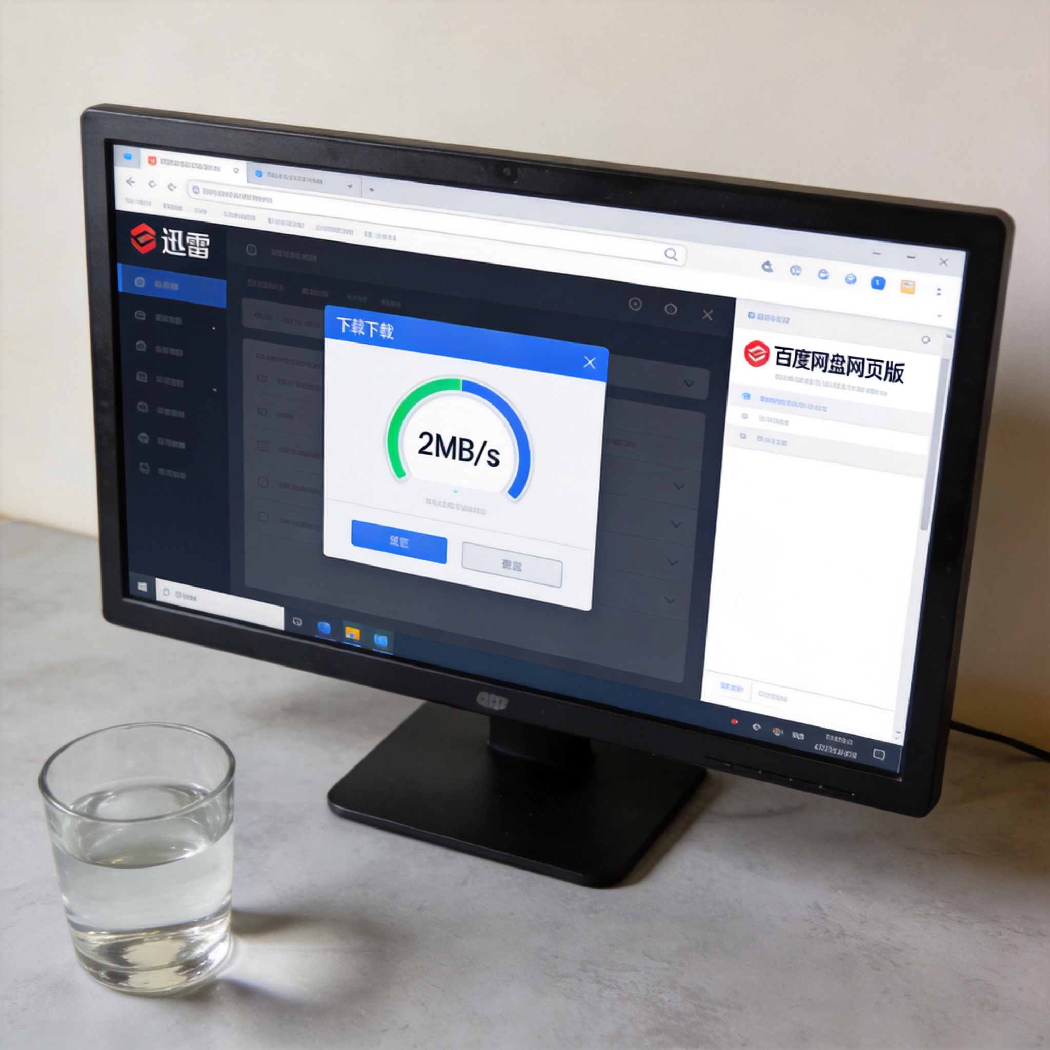 电脑屏幕显示迅雷下载界面，下载速度显示2MB/s，旁边的浏览器页面停留在百度网盘网页版，桌面放着半杯水