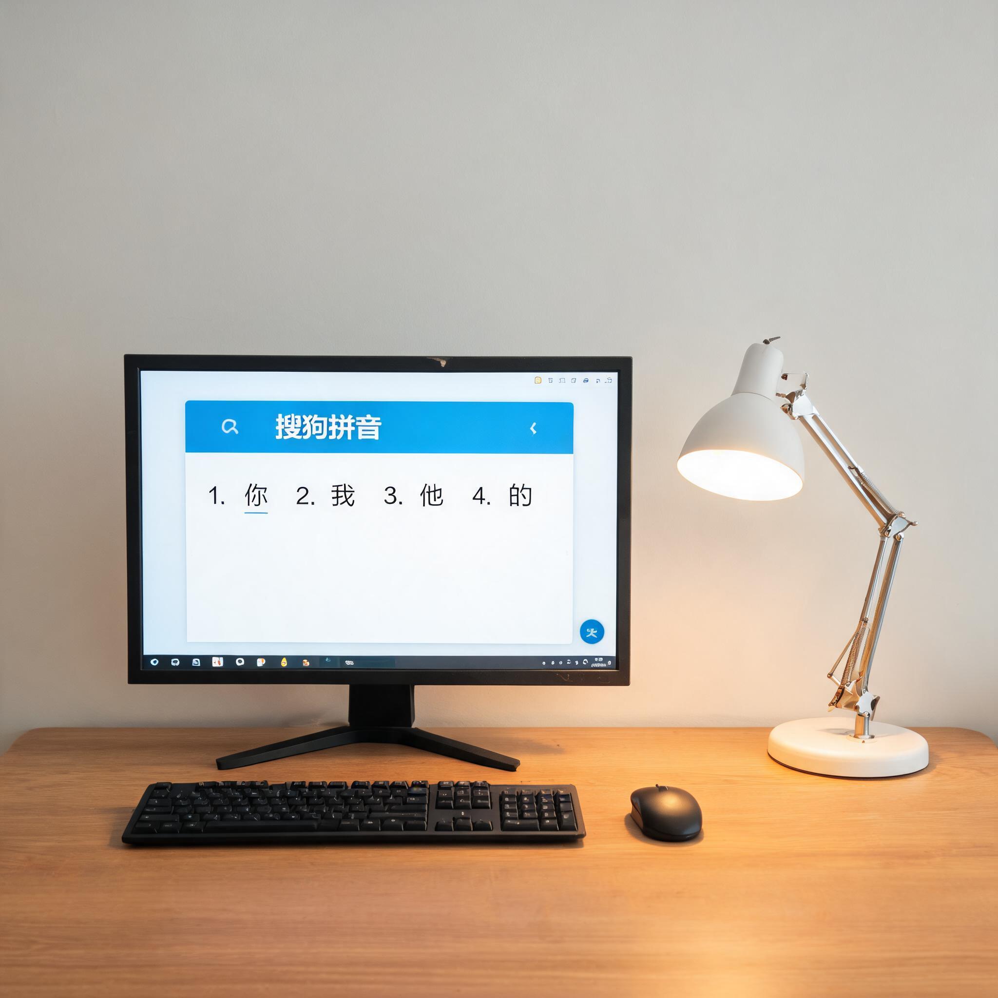 电脑桌上的电脑，屏幕显示搜狗拼音界面，旁边放着台灯
