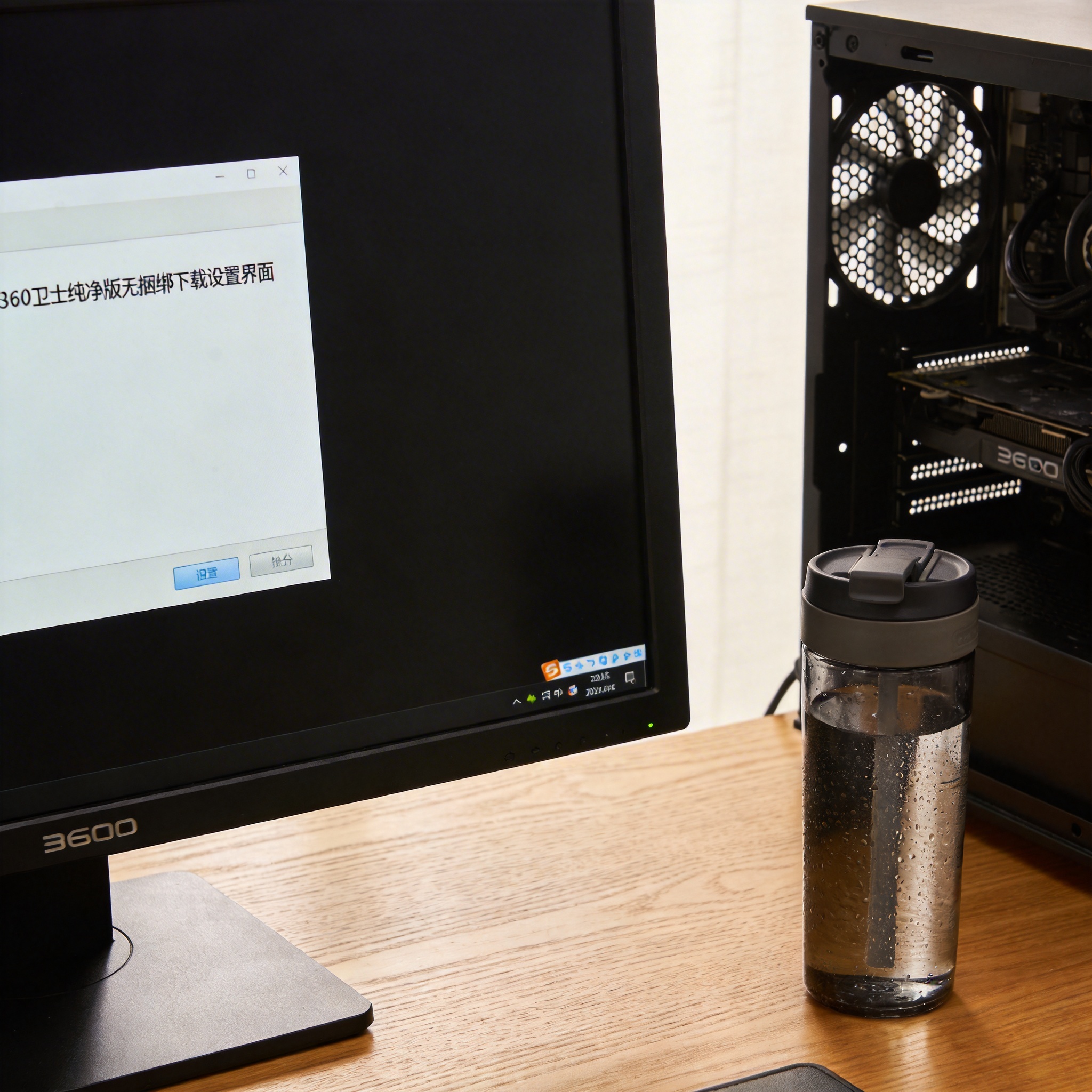 书桌上的主机，屏幕显示360 卫士纯净版无捆绑下载设置界面，桌角放着水杯，自然光