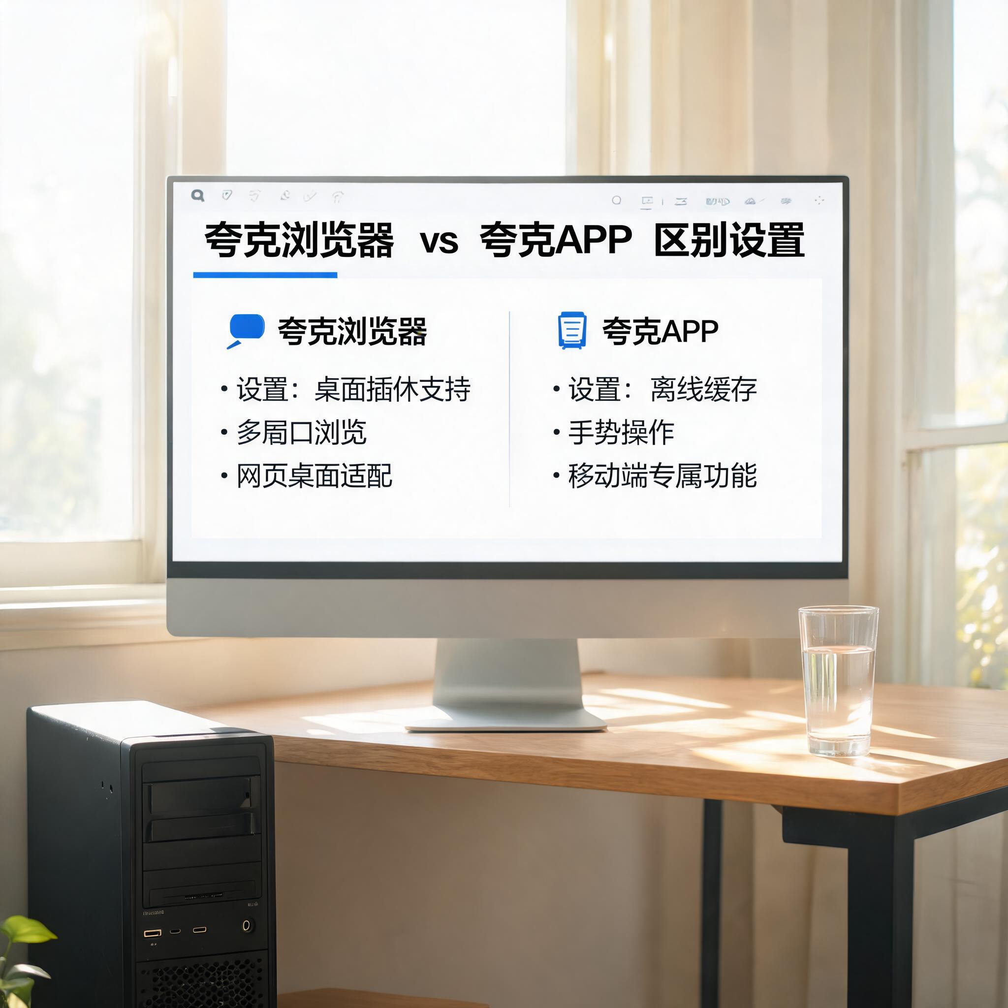 书桌上的主机，屏幕显示夸克浏览器和夸克 APP 区别设置界面，桌角放着水杯，自然光
