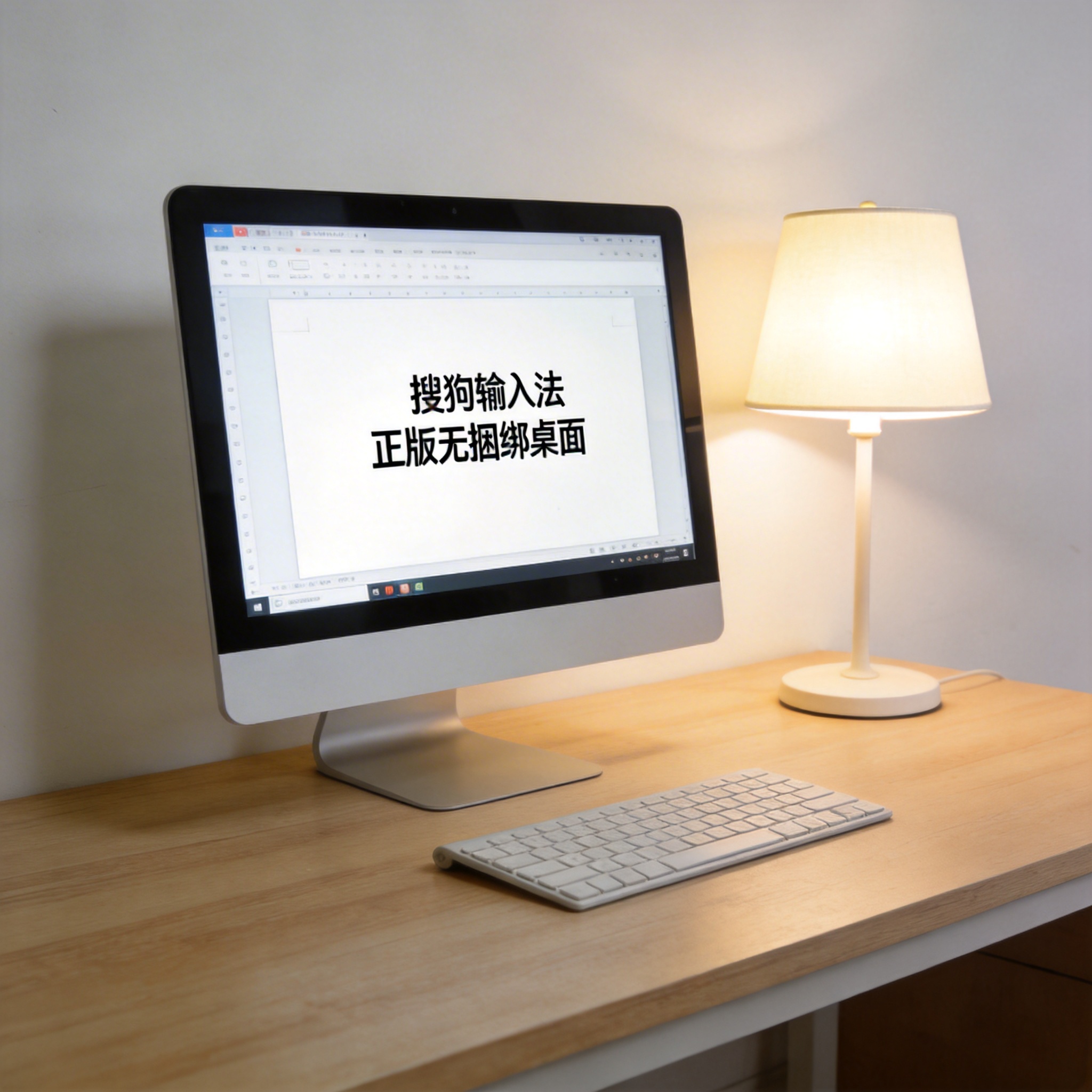 电脑桌上的电脑，屏幕显示搜狗输入法正版无捆绑桌面，旁边放着台灯