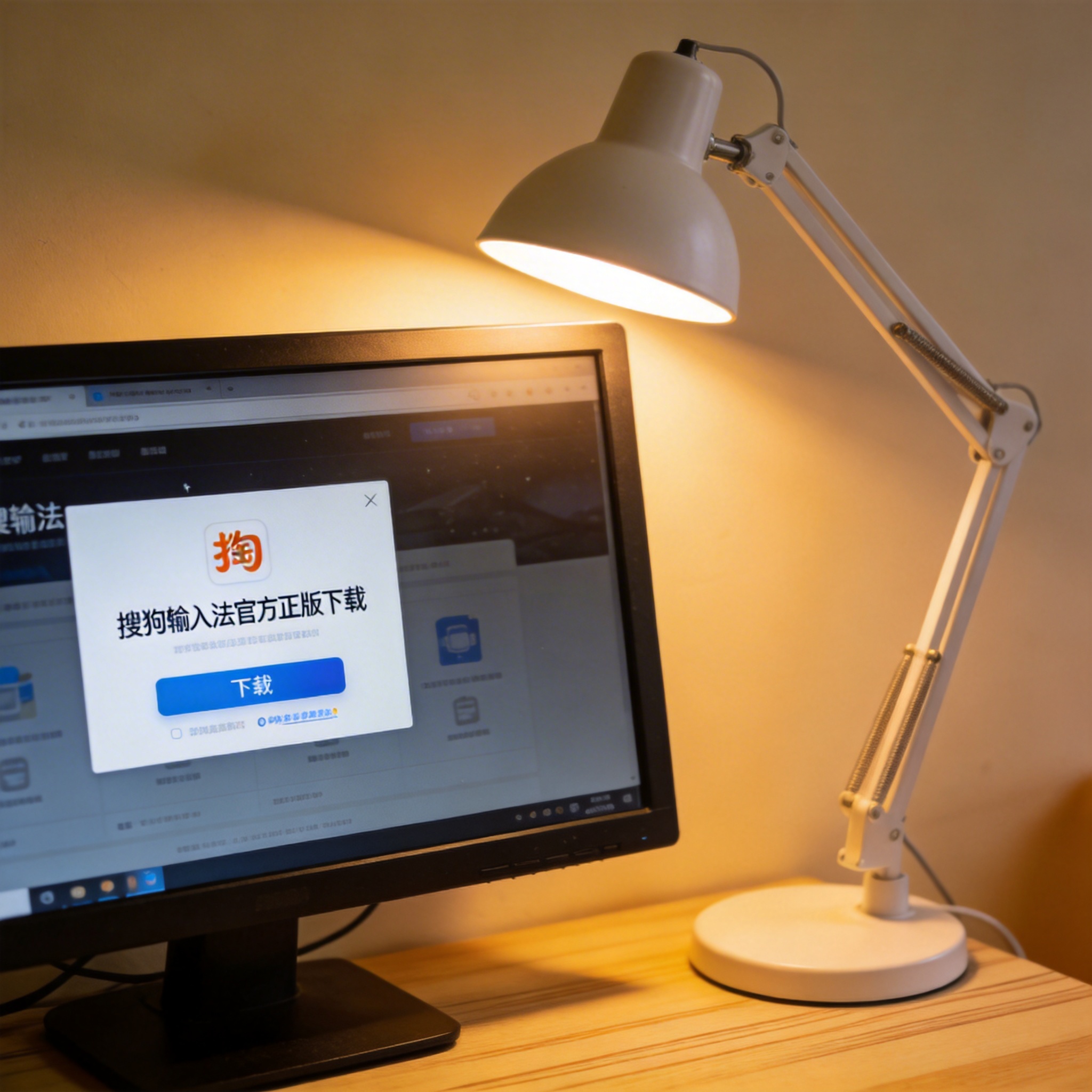 电脑桌上的电脑，屏幕显示搜狗输入法官方正版下载屏幕，旁边放着台灯