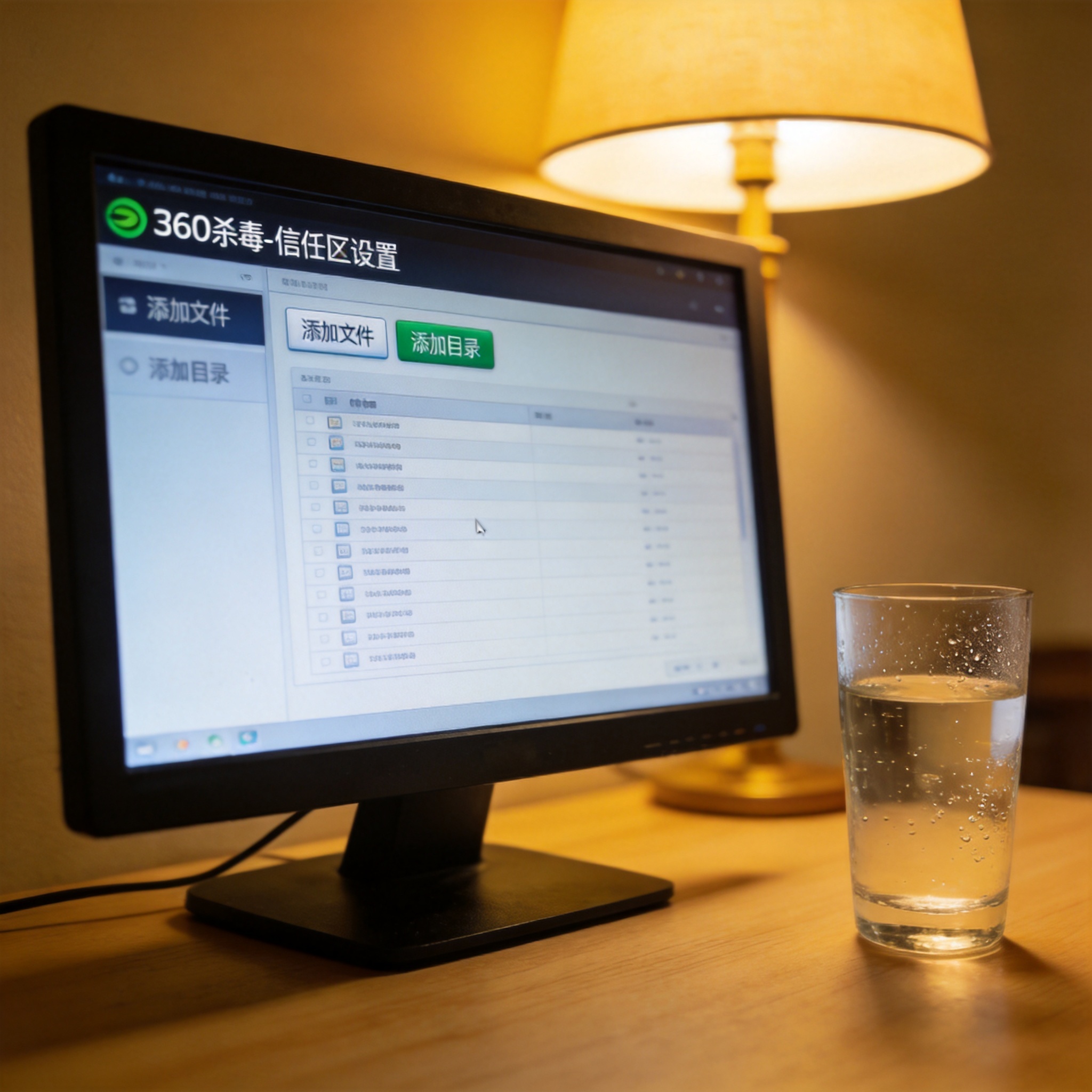 电脑屏幕显示360杀毒电脑客户端信任区设置界面，旁边放着半杯凉白开，台灯暖光打在桌面上
