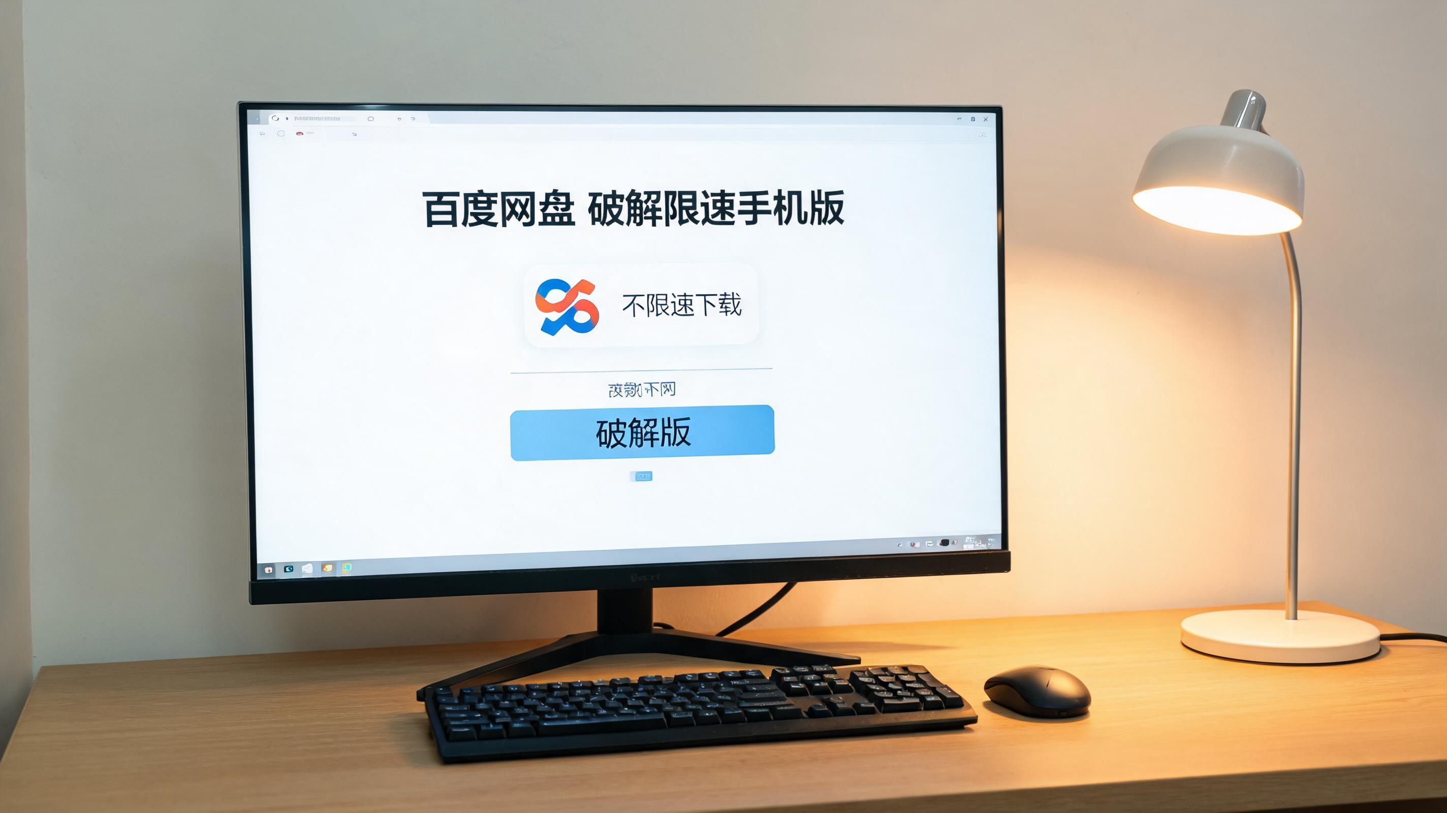 电脑桌上的电脑，屏幕显示百度网盘破解限速手机版界面，旁边放着台灯