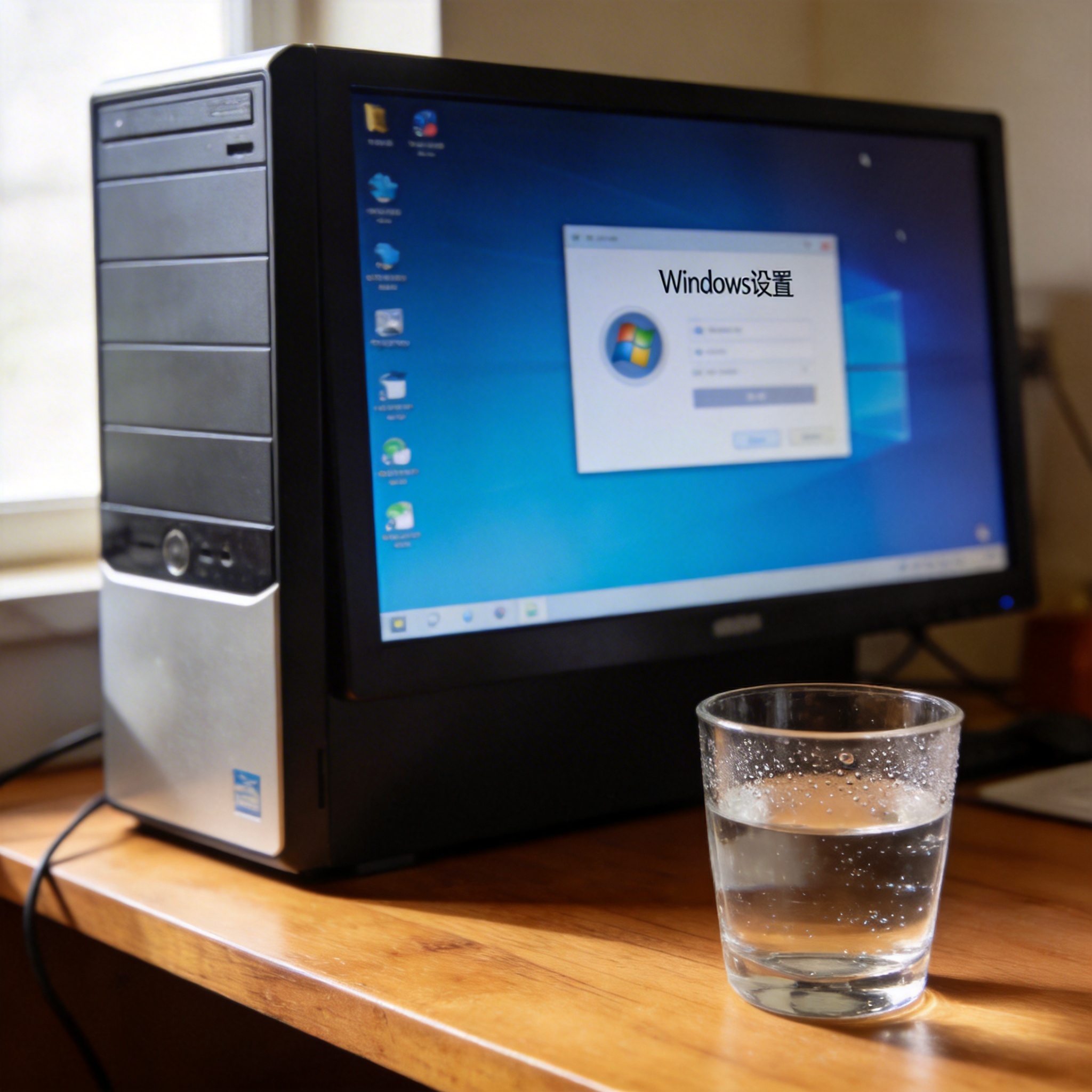 书桌上的主机，屏幕显示Windows设置界面，桌角放着水杯，自然光