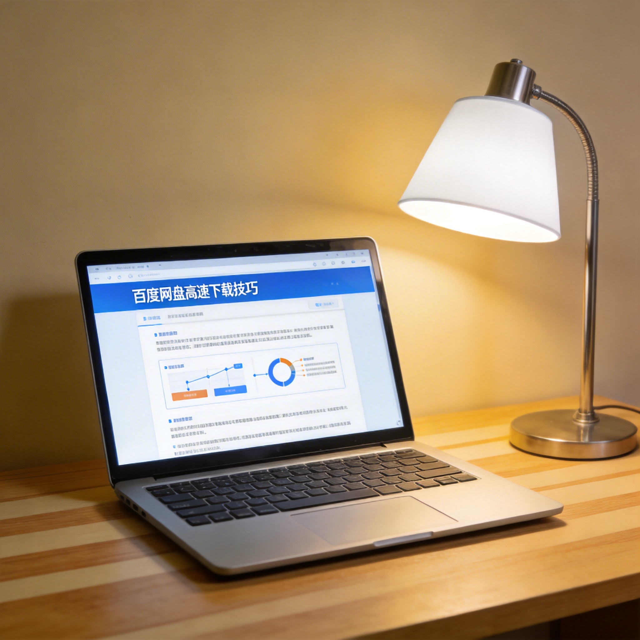 电脑桌上的电脑，屏幕显示百度网盘高速下载技巧界面，旁边放着台灯