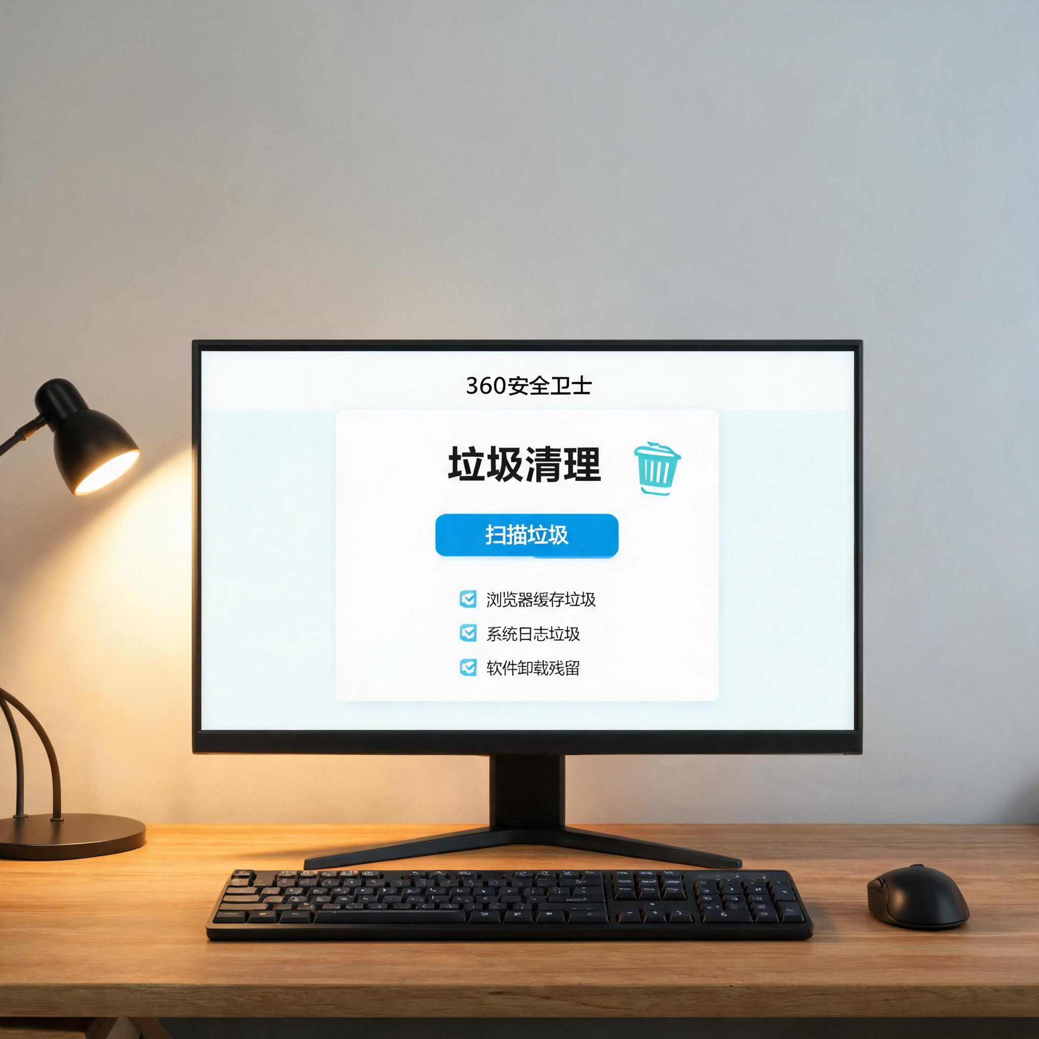 电脑桌上的电脑，屏幕显示360 安全卫士垃圾清理界面，旁边放着台灯