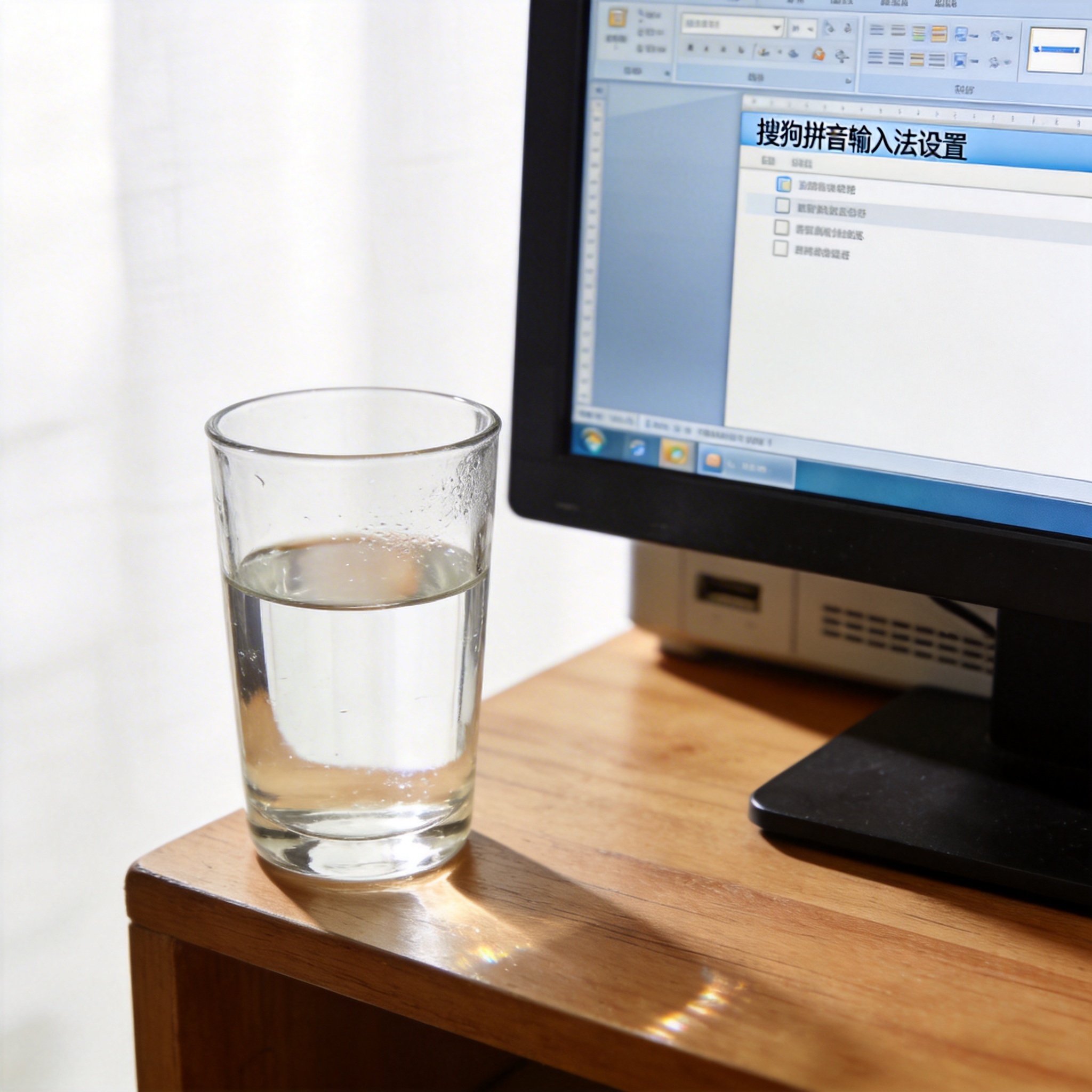 书桌上的主机，屏幕显示搜狗拼音设置界面，桌角放着水杯，自然光