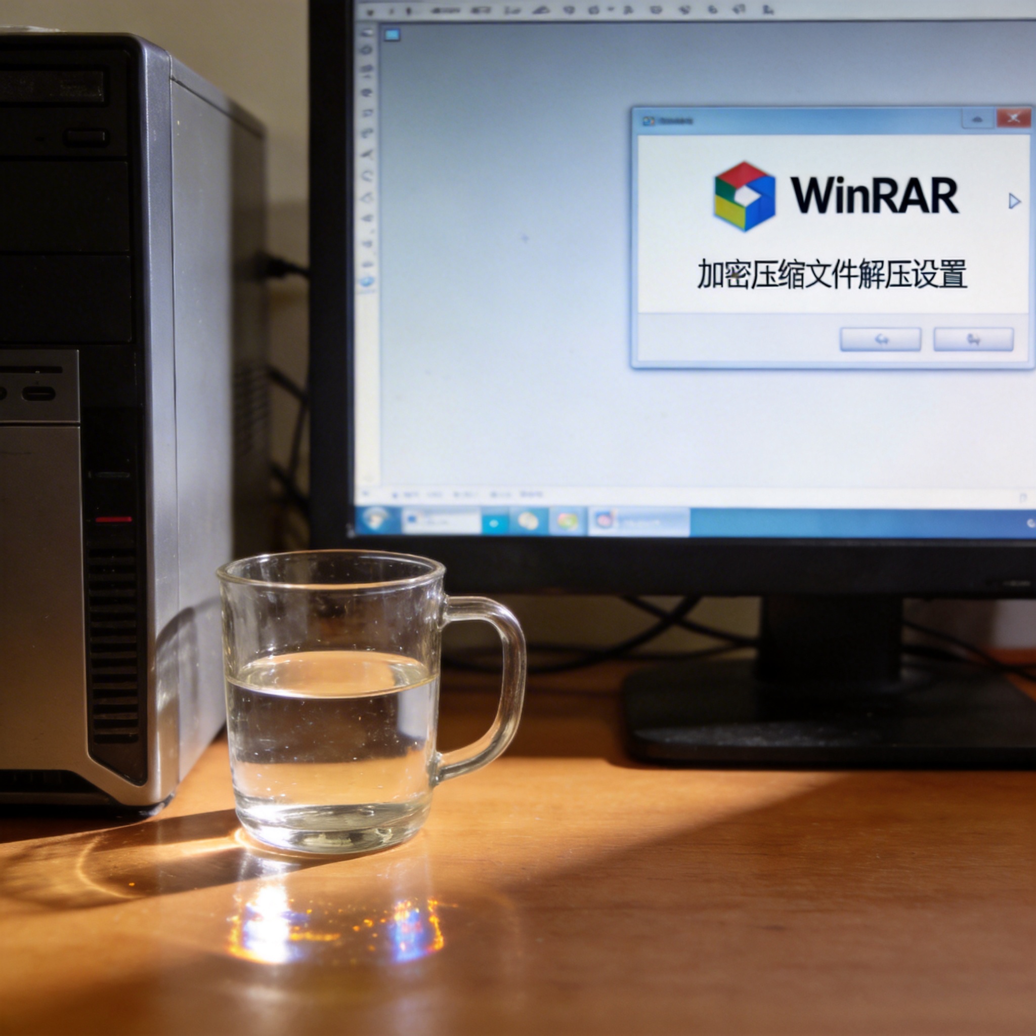 书桌上的主机，屏幕显示winrar 加密压缩文件解压设置界面，桌角放着水杯，自然光