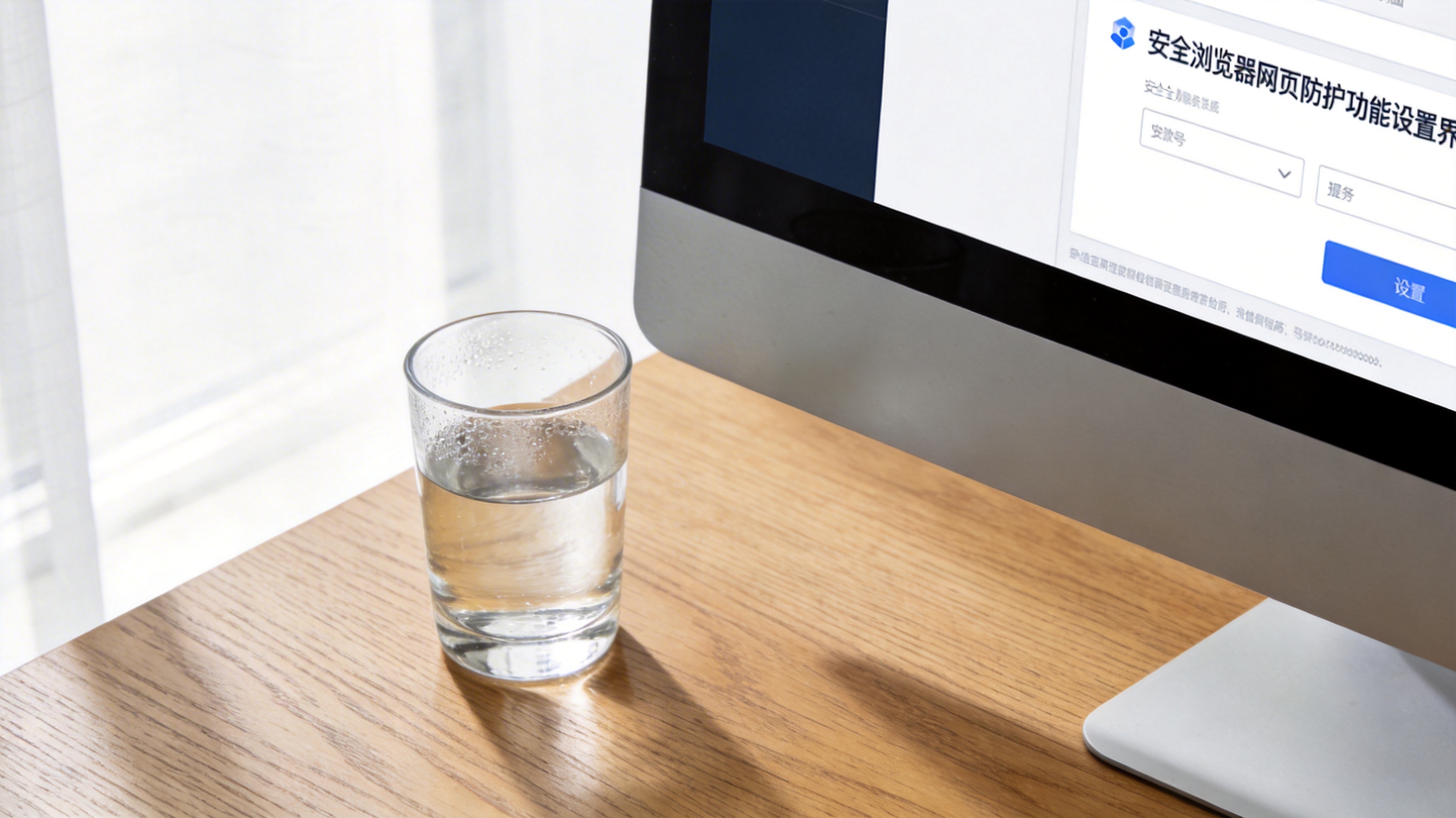书桌上的主机，屏幕显示安全浏览器网页防护功能设置界面，桌角放着水杯，自然光