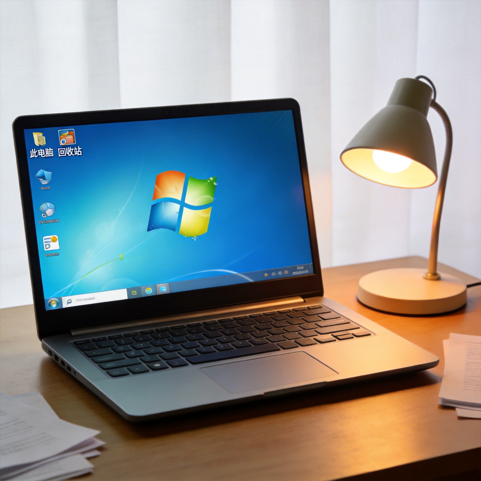 电脑桌上的电脑，屏幕显示Windows界面，旁边放着台灯