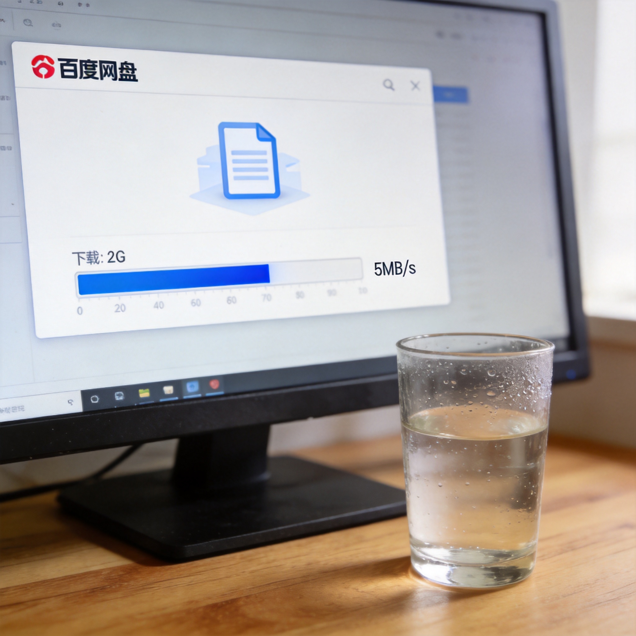电脑桌的电脑屏幕显示百度网盘客户端界面，正在下载2G大小的文件，下载速度显示5MB/s，旁边放着半杯凉白开，室内自然光