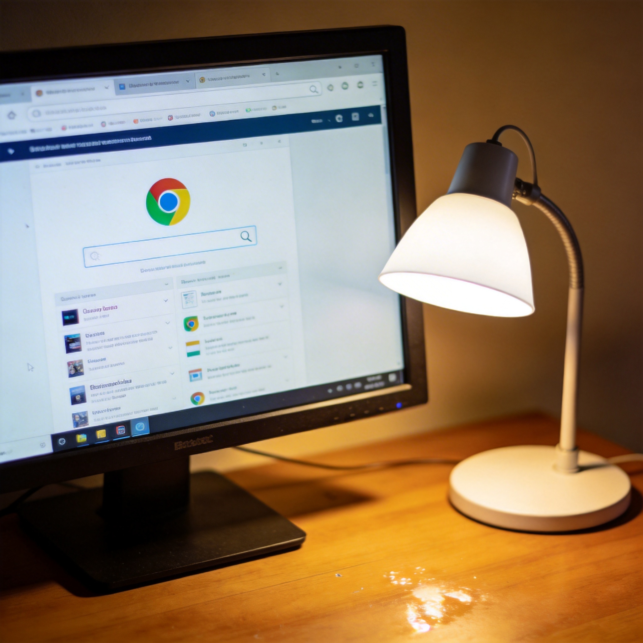 电脑桌上的电脑，屏幕显示Chrome界面，旁边放着台灯