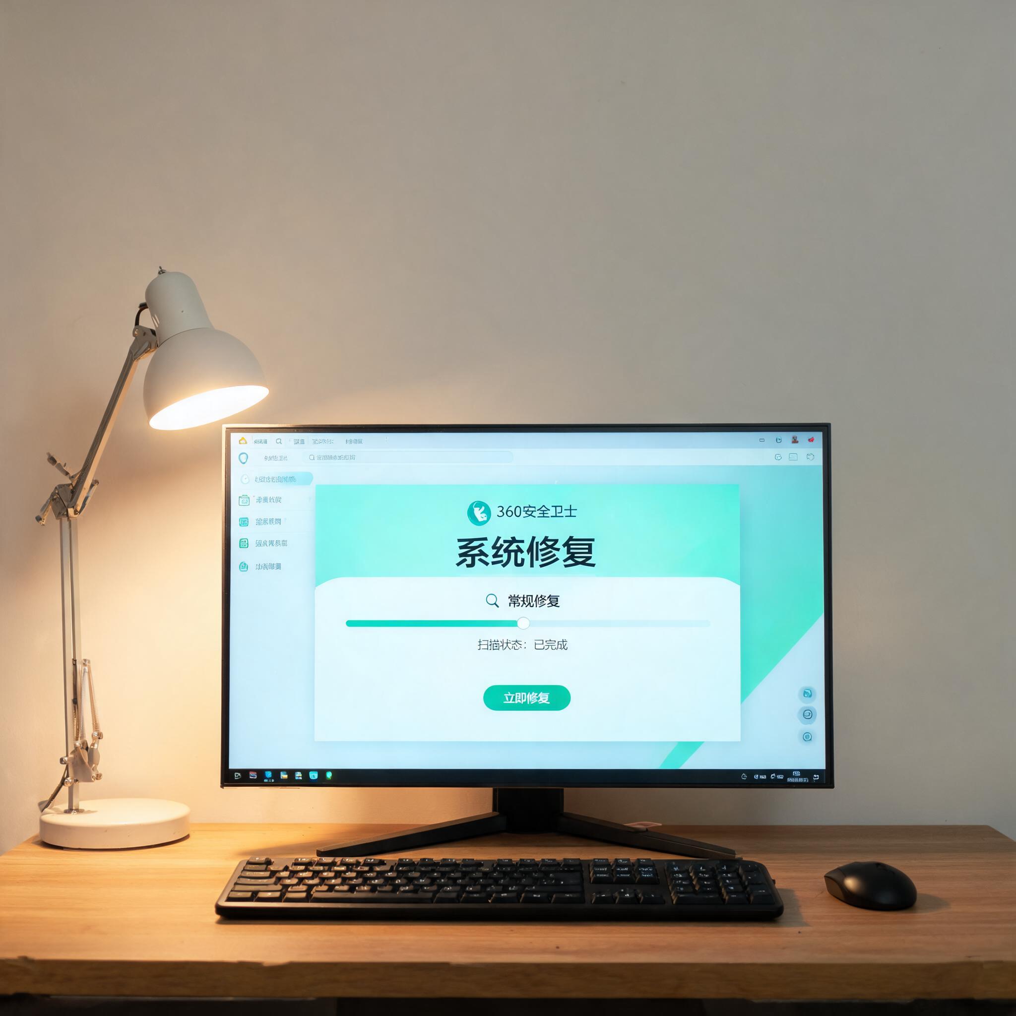 电脑桌上的电脑，屏幕显示360 卫士系统修复工具界面，旁边放着台灯