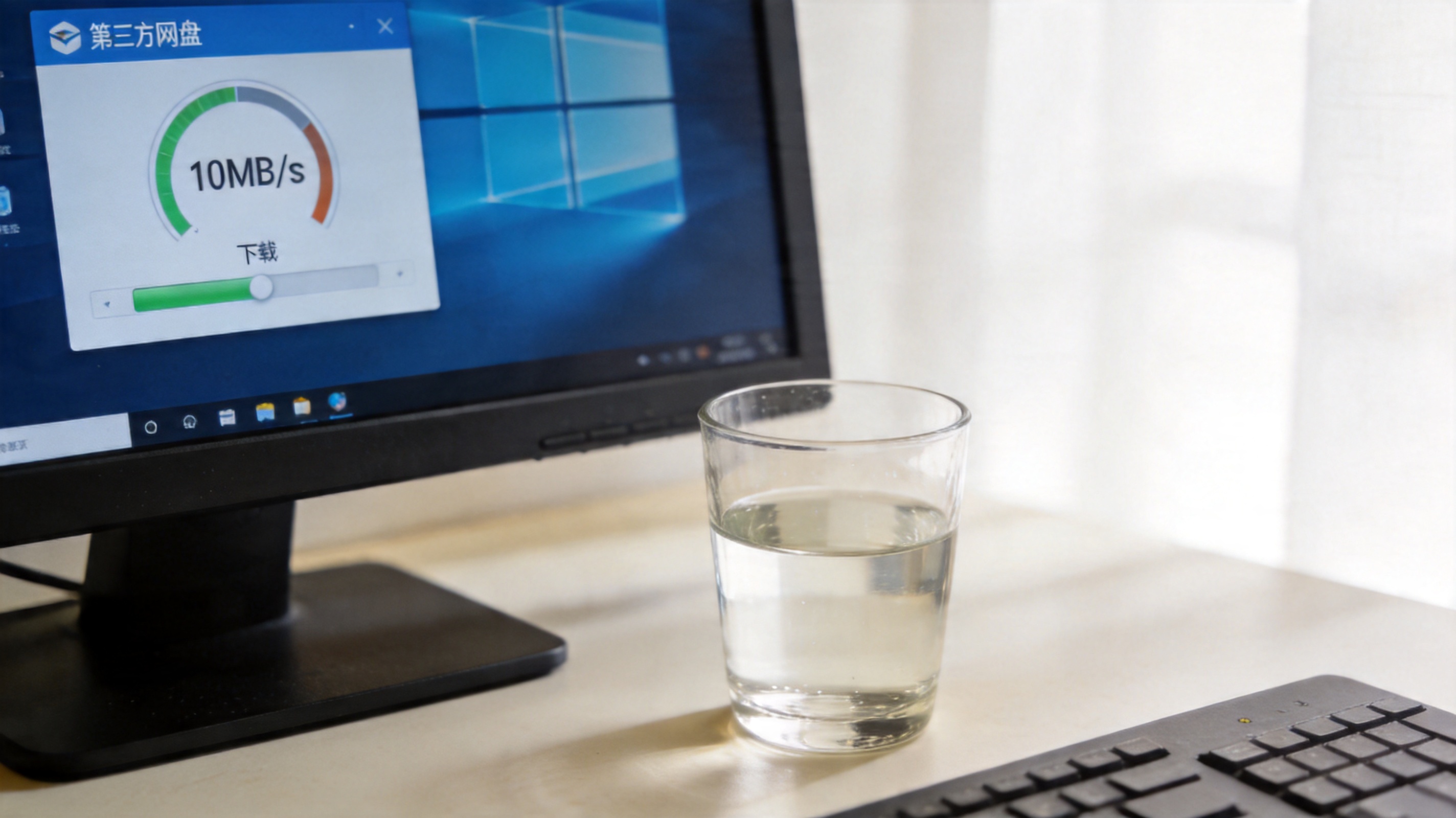电脑桌面显示第三方网盘客户端界面，下载速度显示10MB/s，旁边放着半杯凉白开，室内自然光