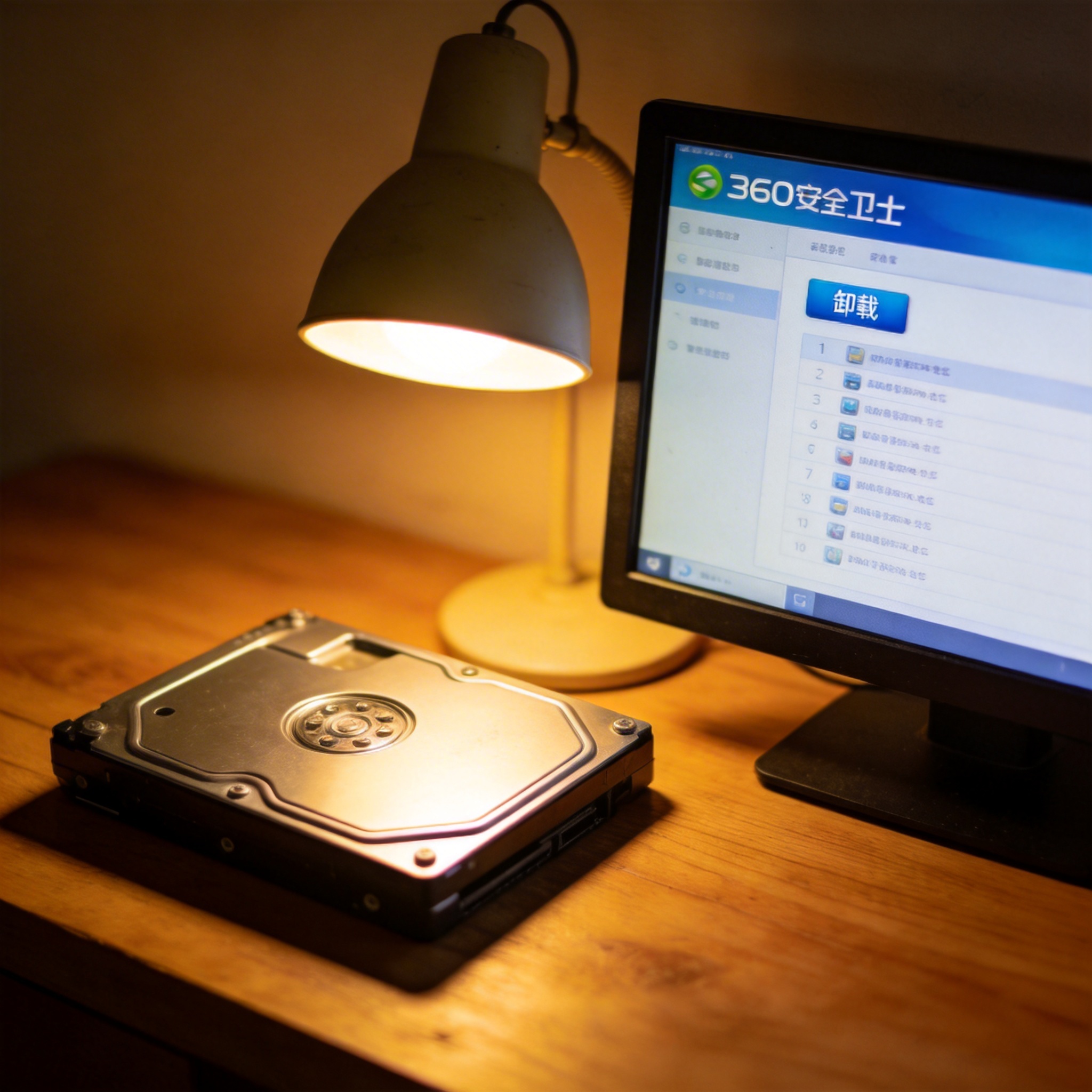 电脑桌上的硬盘，屏幕显示360 卫士软件卸载功能界面，旁边放着台灯