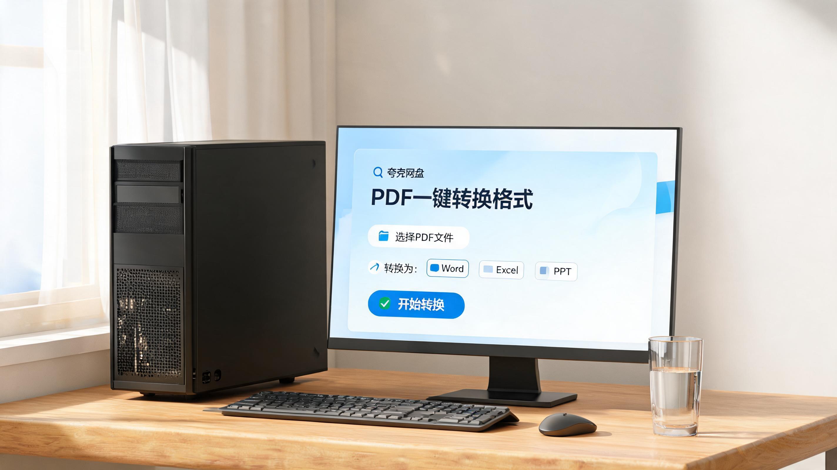书桌上的主机，屏幕显示夸克网盘 PDF 一键转换格式设置界面，桌角放着水杯，自然光