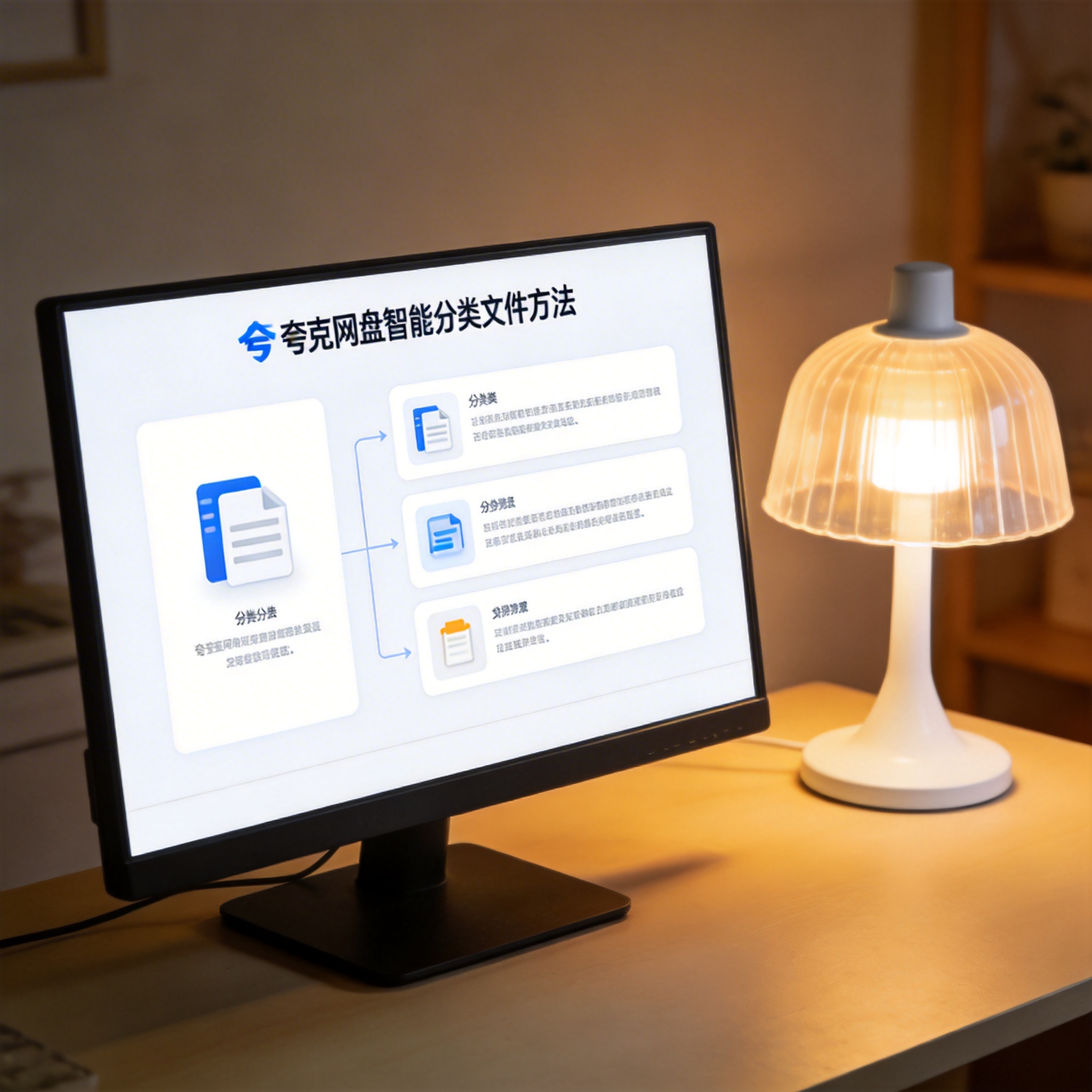电脑桌上的电脑，屏幕显示夸克网盘智能分类文件方法界面，旁边放着台灯