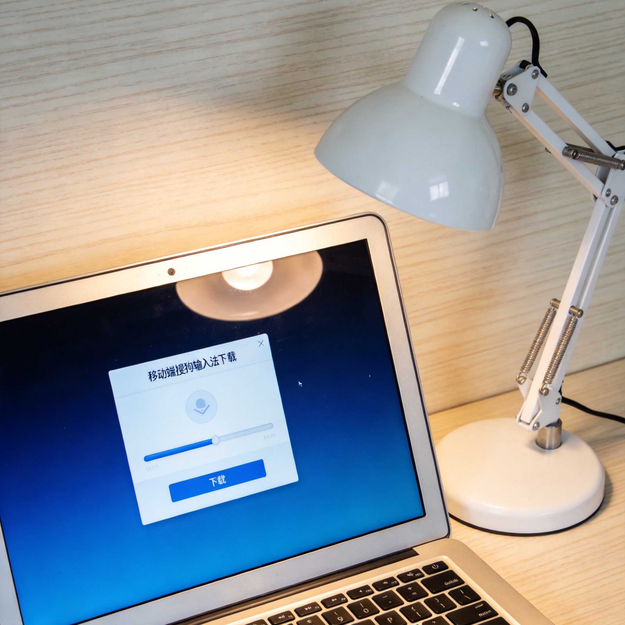 电脑桌上的电脑，屏幕显示移动端搜狗输入法下载窗口，旁边放着台灯