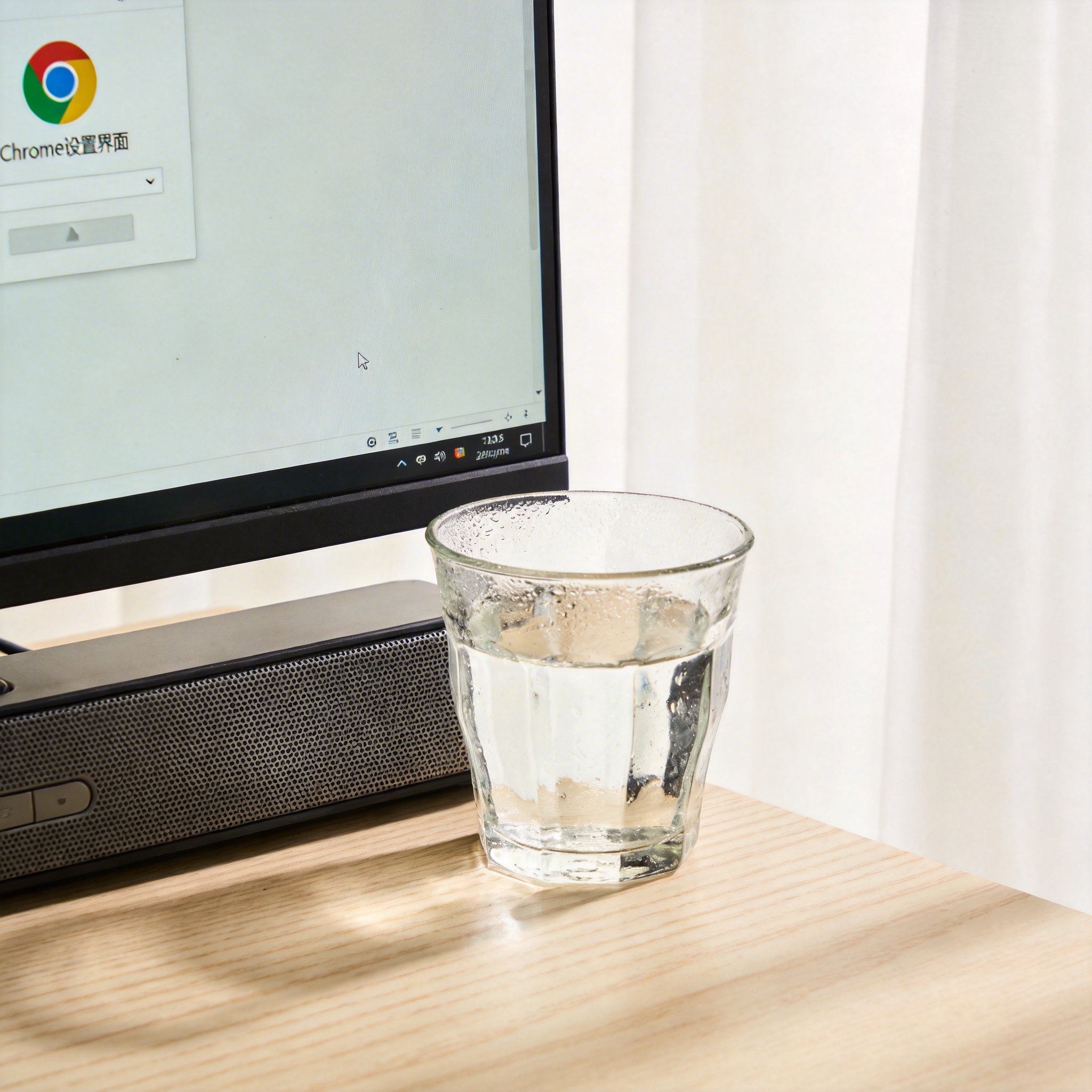 书桌上的主机，屏幕显示Chrome设置界面，桌角放着水杯，自然光