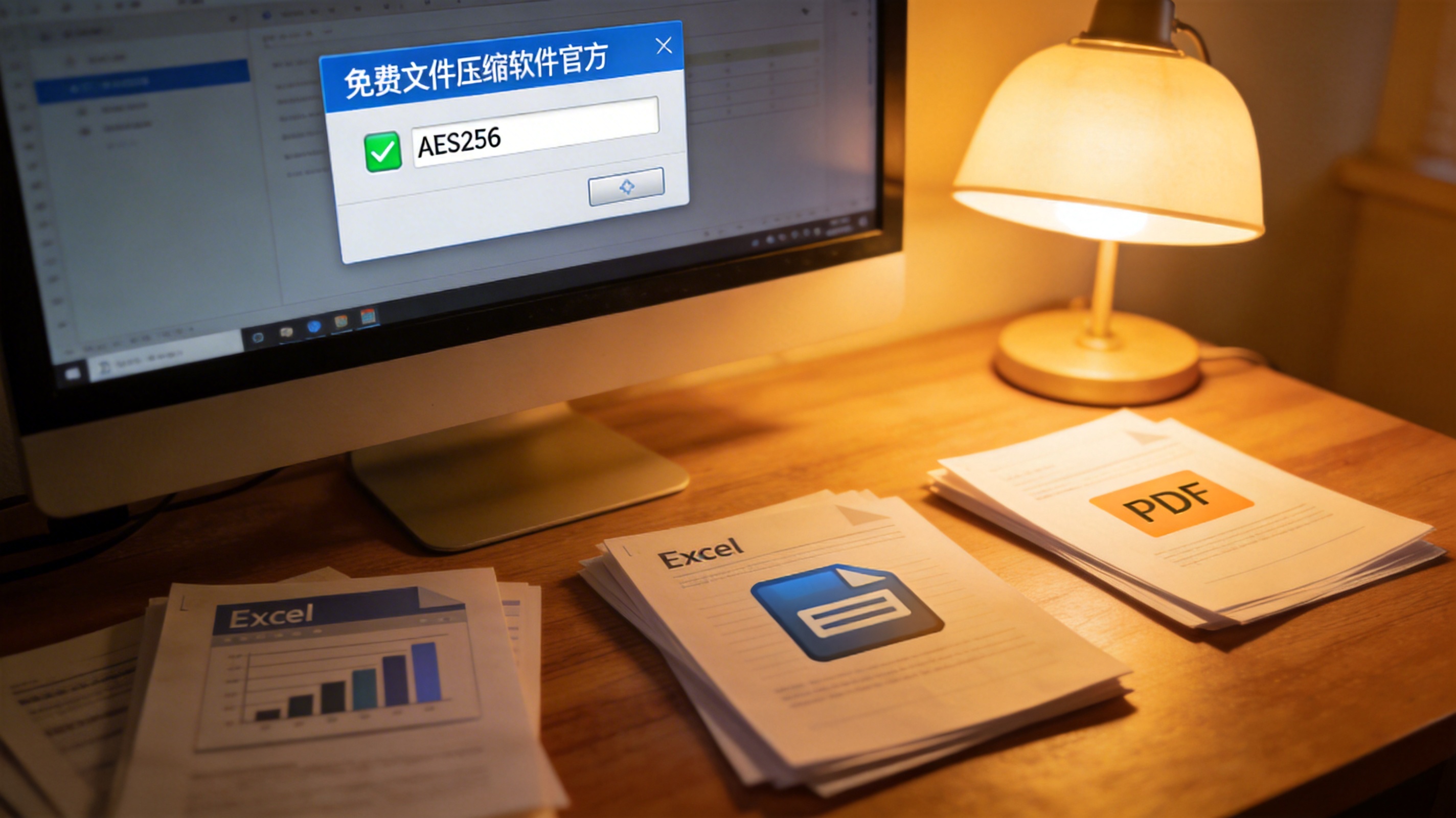 台式电脑屏幕显示免费文件压缩软件官方的加密设置窗口，AES256选项被勾选，桌面散落着几个Excel和PDF文件，台灯暖光