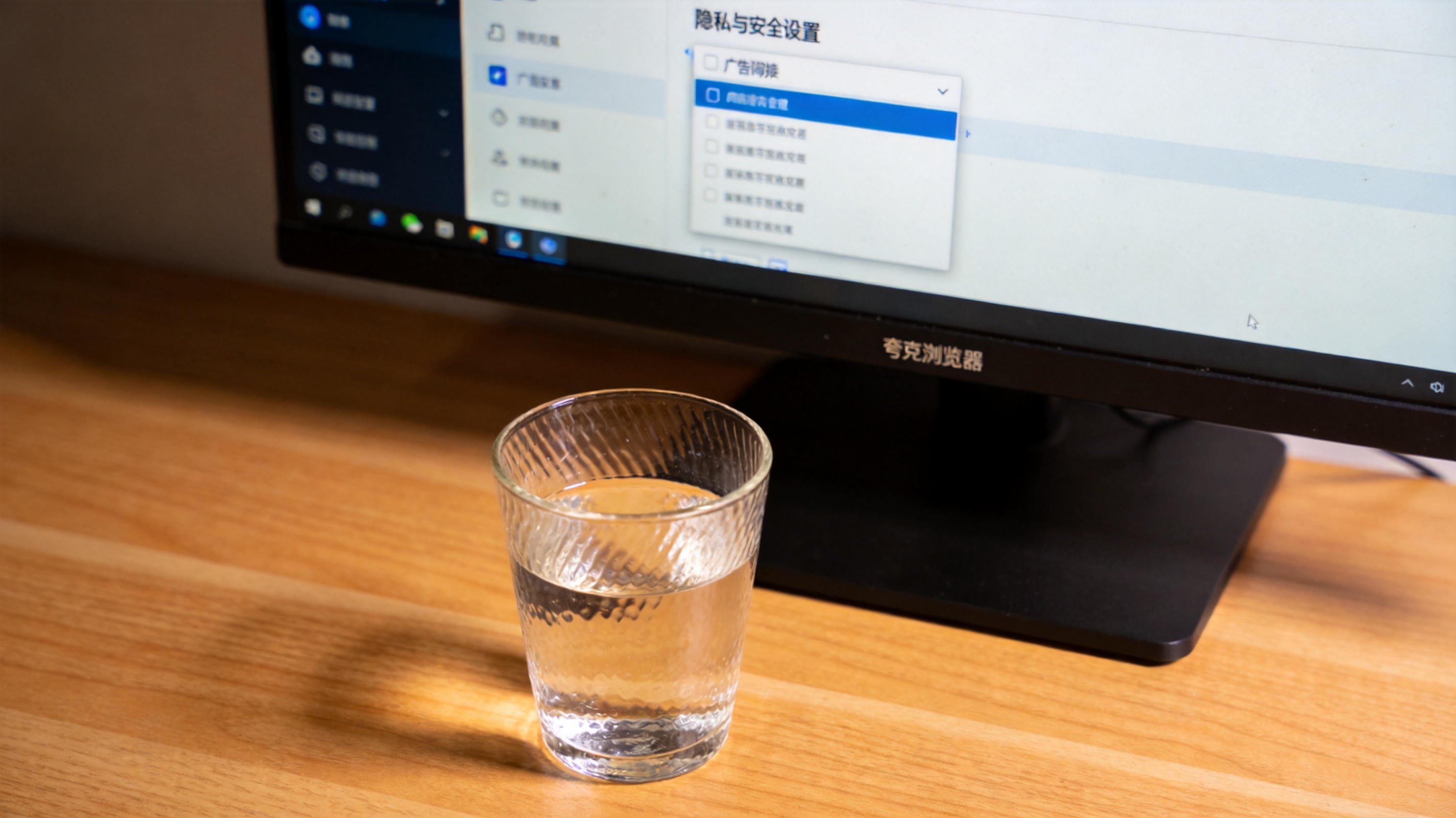 电脑桌面，屏幕显示夸克浏览器的隐私与安全设置页面，广告拦截选项处于展开状态，旁边放着半杯温水，室内自然光
