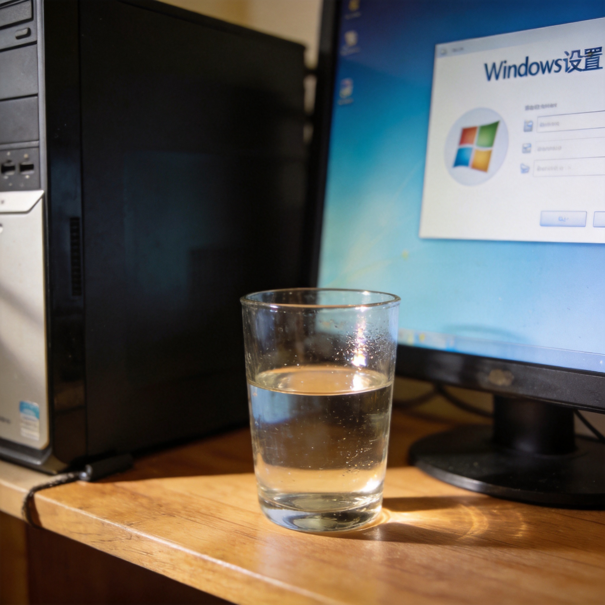 书桌上的主机，屏幕显示Windows设置界面，桌角放着水杯，自然光