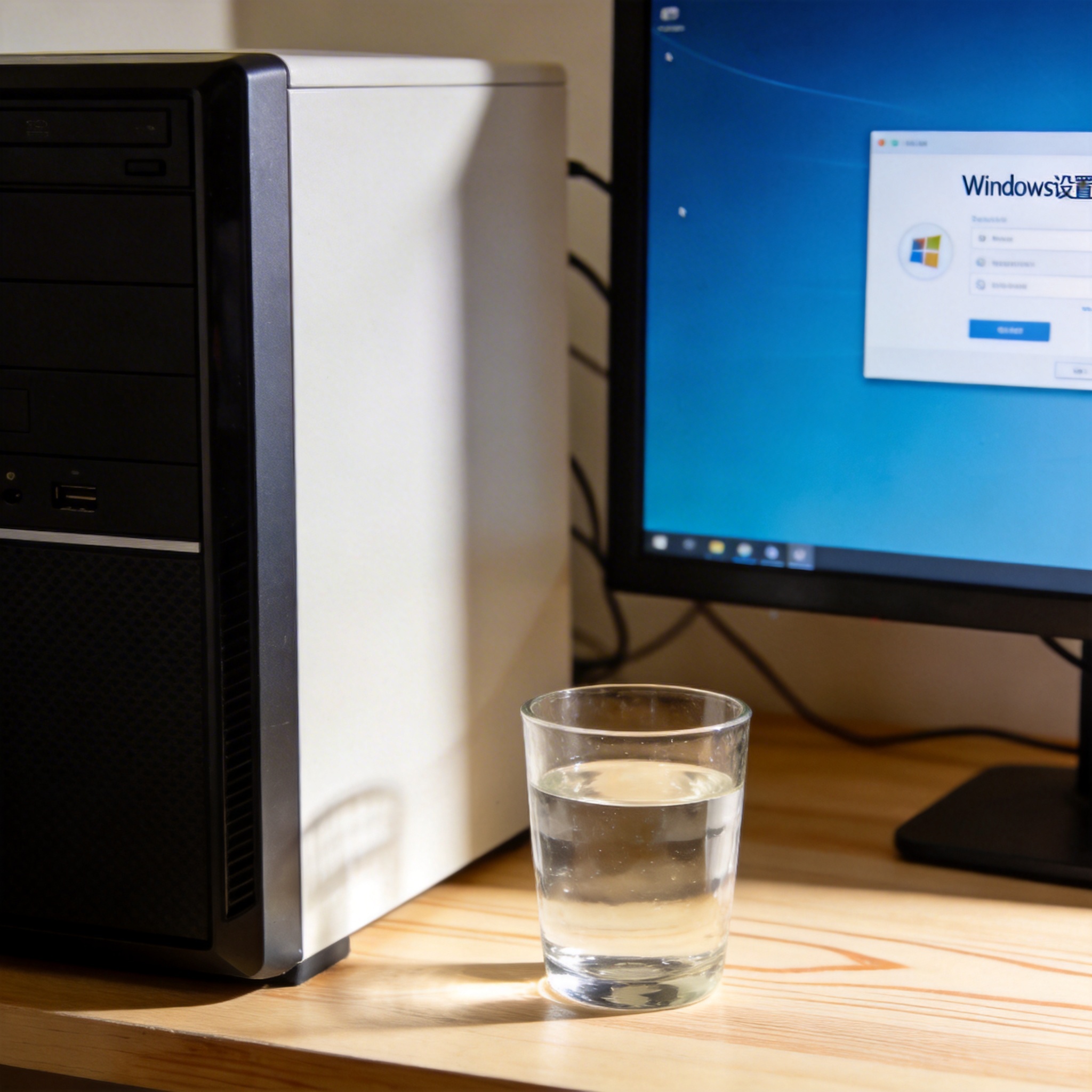 书桌上的主机，屏幕显示Windows设置界面，桌角放着水杯，自然光