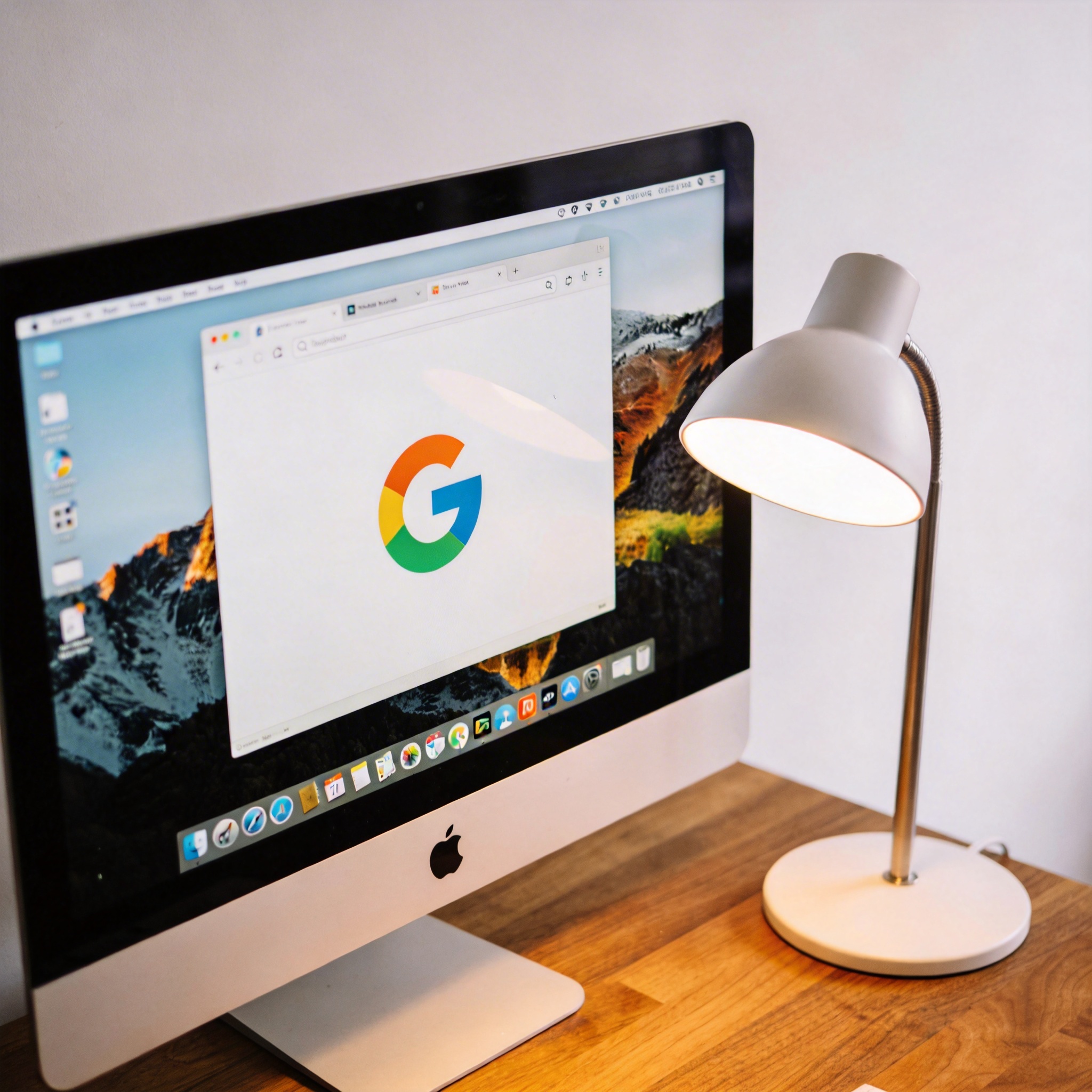 电脑桌上的电脑，屏幕显示Chrome界面，旁边放着台灯