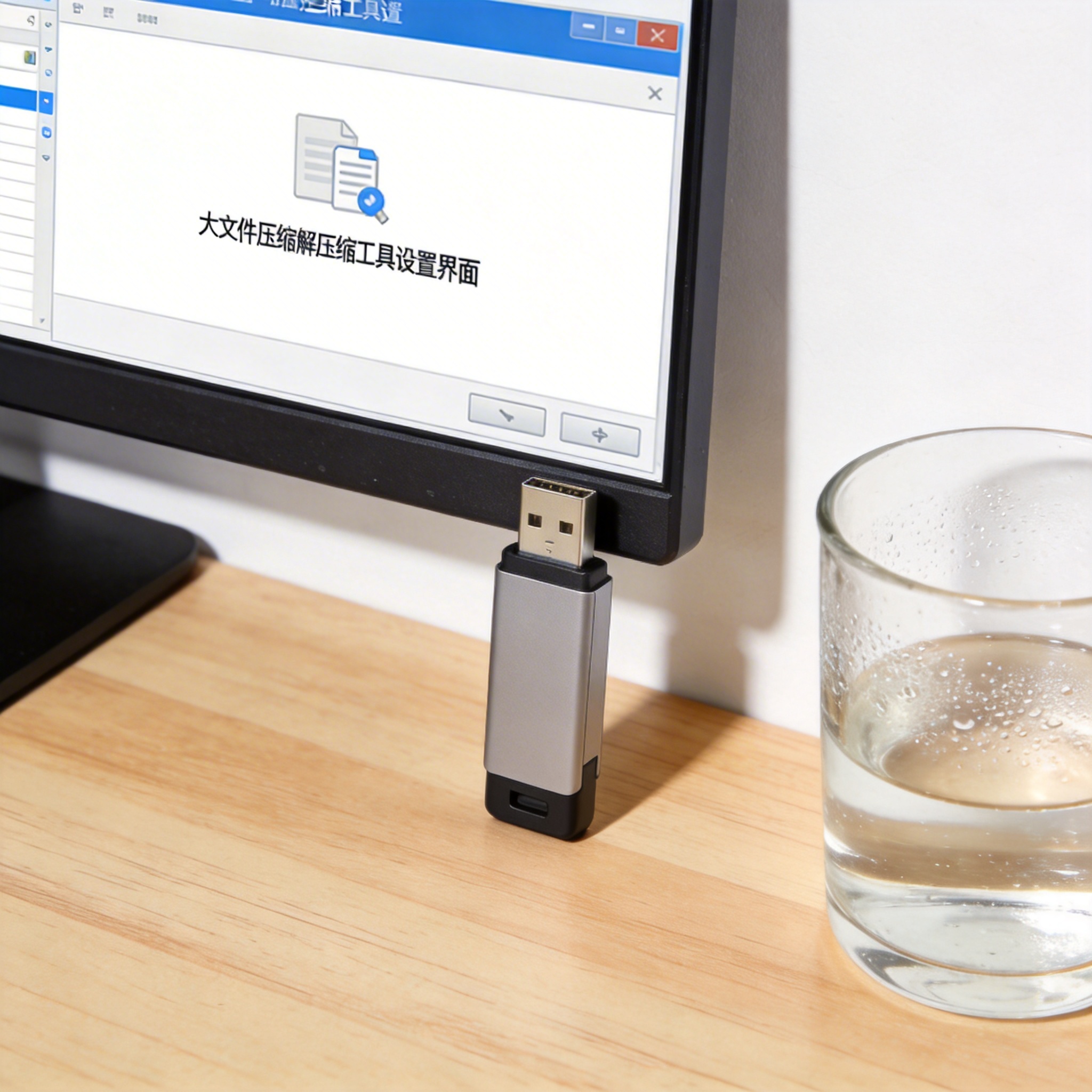 书桌上的U盘，屏幕显示大文件压缩解压缩工具设置界面，桌角放着水杯，自然光