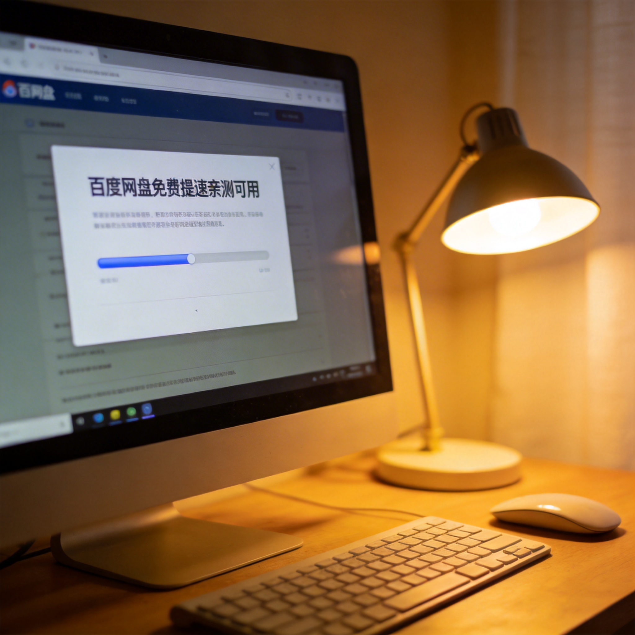 电脑桌上的电脑，屏幕显示百度网盘免费提速亲测可用界面，旁边放着台灯
